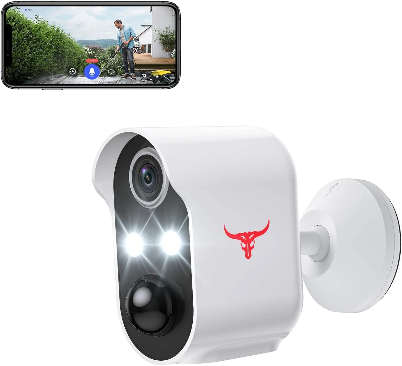 دوربین امنیتی بی سیم 1080P با نورافکن، تشخیص انسان با هوش مصنوعی، دید در شب رنگی، ارتباط دو طرفه، ذخیره سازی ابری (جداگانه فروخته می شود)، فقط وای فای 2.4G، با باتری، نظارت داخلی/خارجی
