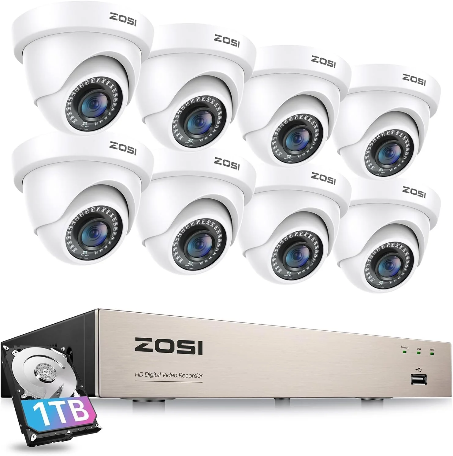 سیستم نظارت تصویری امنیتی 8 کاناله ZOSI HD-TVI 1080N DVR با 8 دوربین با وضوح بالا 720P/1280TVL و هارد دیسک 1 ترابایتی