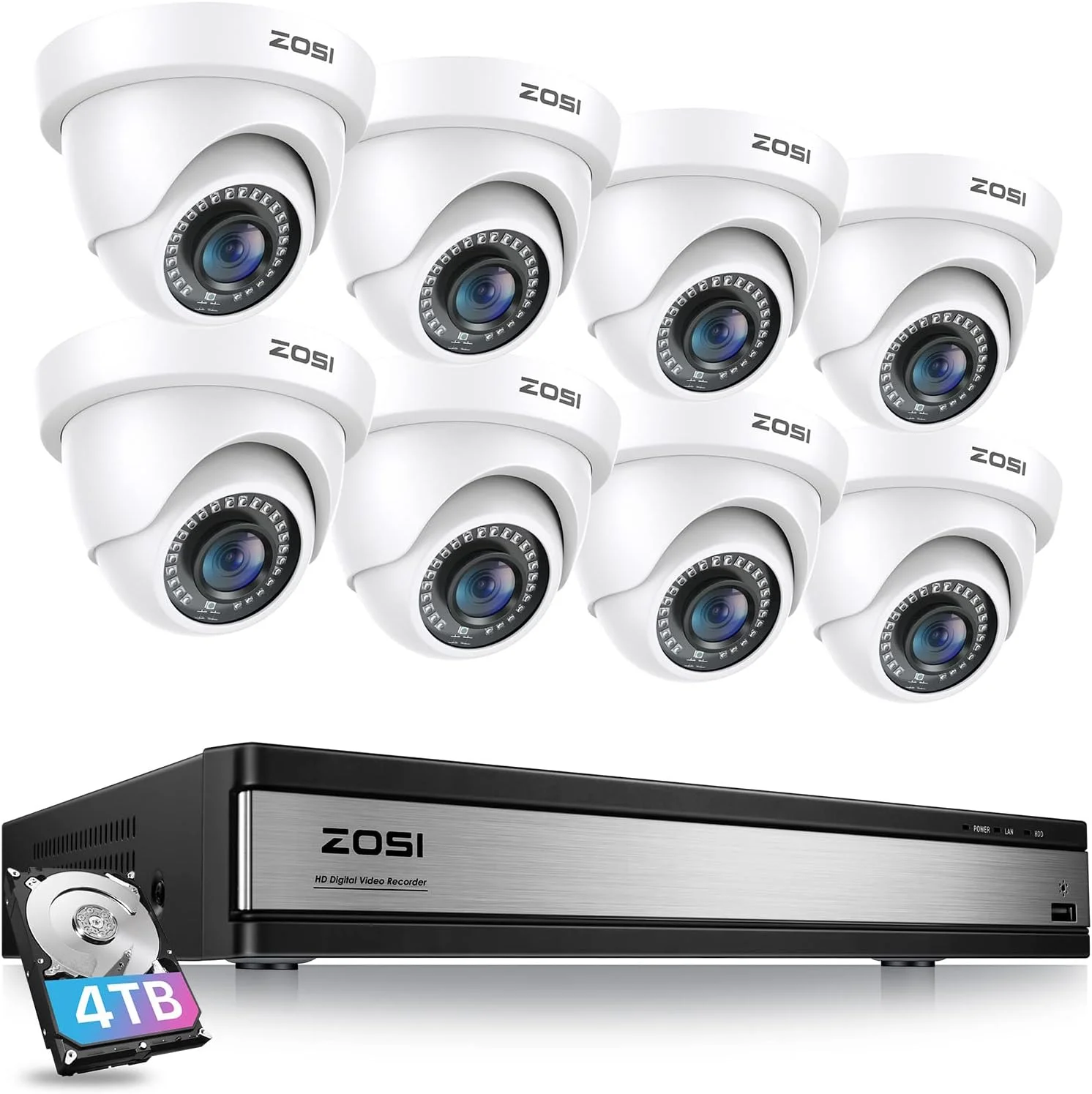 سیستم دوربین مداربسته 16 کاناله ZOSI H.265+ 1080p، دستگاه ضبط ویدیویی دیجیتال 16 کاناله CCTV، 8 عدد دوربین دام 1080p مناسب فضای داخلی و خارجی، تشخیص انسان و وسیله نقلیه، دید در شب تا 24 متر، زاویه دید 105 درجه، کنترل از راه دور، ارسال هشدار، هارد دیسک 4 ترابایتی