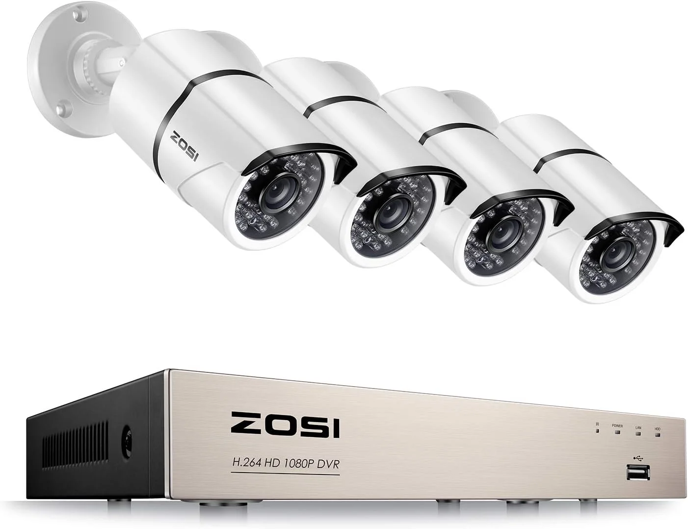 دستگاه ضبط ویدیویی ۸ کاناله ZOSI HD-TVI با کیفیت FULL 1080P و (۴) دوربین ۲.۰ مگاپیکسلی ضد آب مناسب فضای داخلی/خارجی با LED های دید در شب IR - بدون هارد دیسک، دید در شب ۱۰۰ فوت، تشخیص حرکت قابل تنظیم