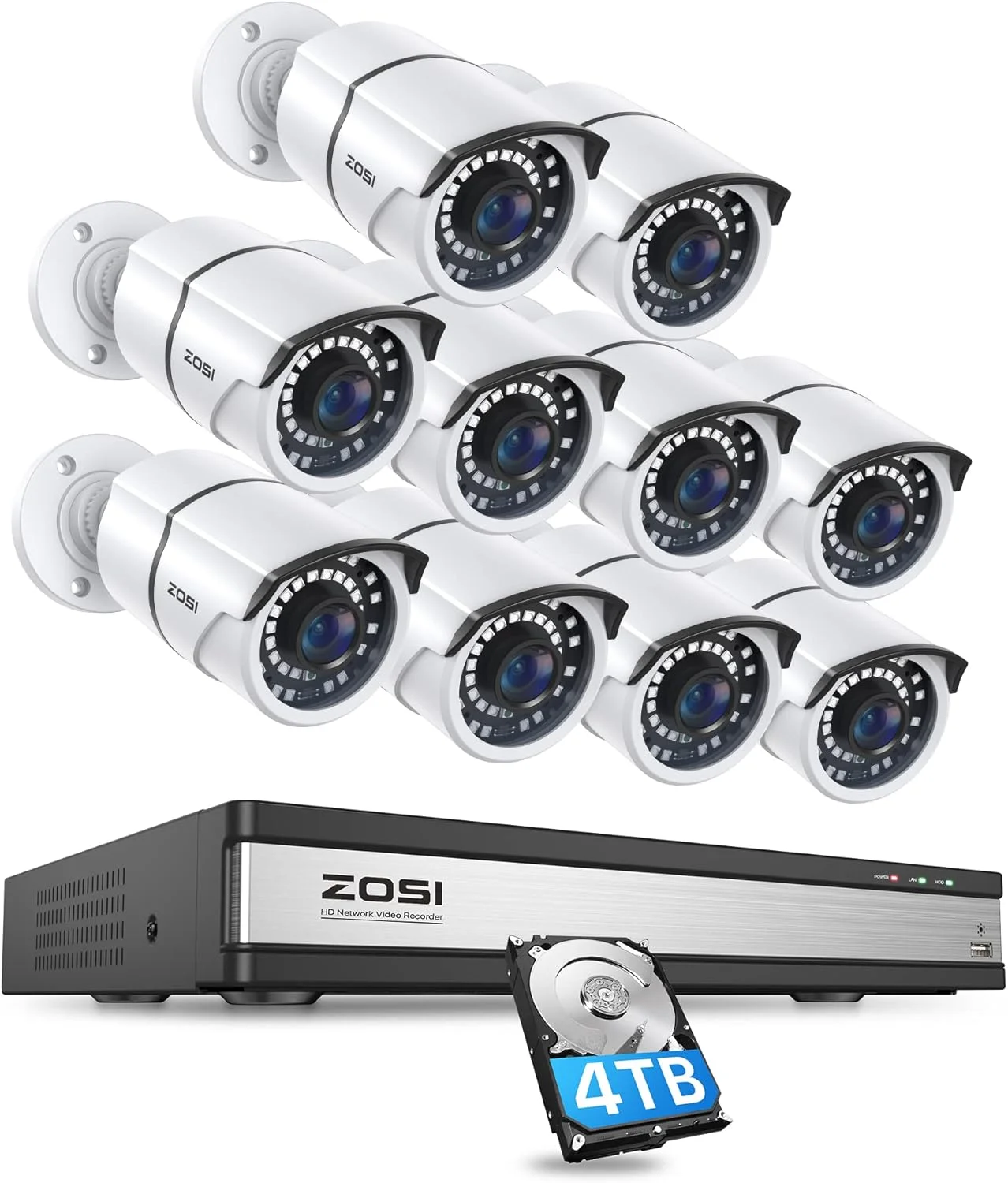 سیستم دوربین مداربسته 16 کانال 4K ZOSI، دستگاه NVR شانزده کاناله 8 مگاپیکسلی H.265+ با هارد درایو 4 ترابایتی، 10 عدد دوربین IP پنج مگاپیکسلی PoE مناسب فضای داخلی و خارجی، دید در شب 36 متری، دسترسی از راه دور، تشخیص حرکت، برای ضبط 24 ساعته