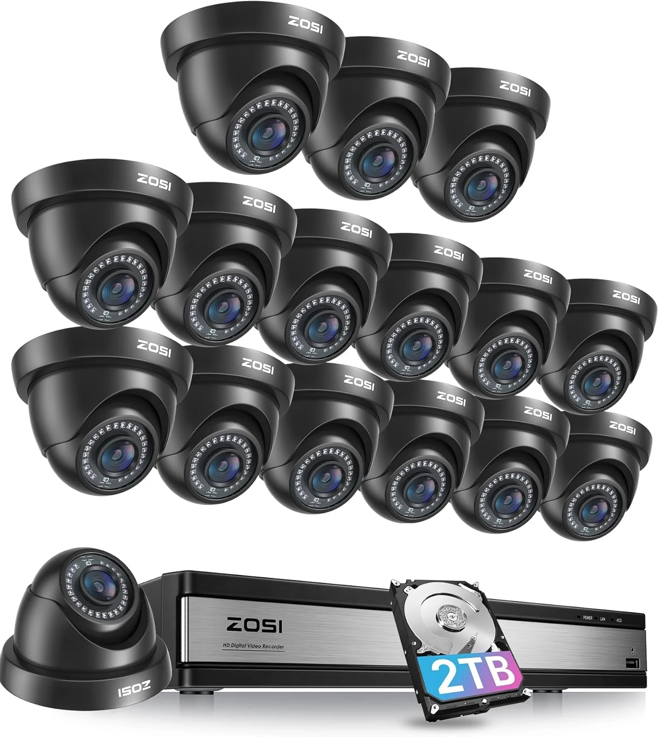 سیستم دوربین مداربسته 16 کاناله ZOSI 1080p، DVR هایبرید 16 کاناله 2MP H.265+ با قابلیت تشخیص انسان و وسیله نقلیه با هوش مصنوعی، 16 عدد دوربین دام CCTV 1080p مناسب فضای باز، دید در شب 24 متری، زاویه دید 90 درجه، دسترسی از راه دور، 2 ترابایت هارد دیسک
