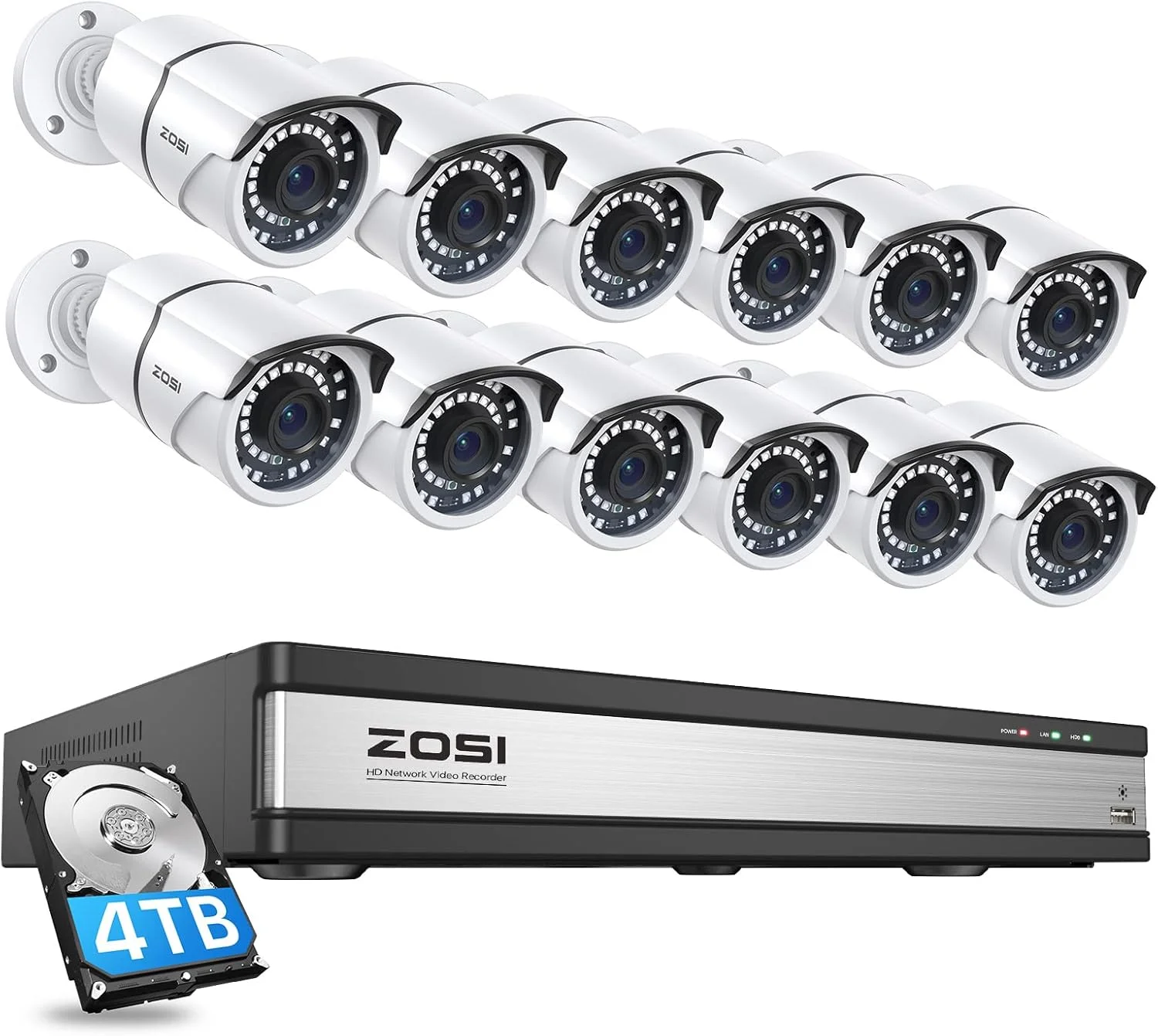سیستم دوربین مداربسته تحت شبکه 16 کانال 4K زوسی با هارد 4 ترابایتی، دستگاه ضبط NVR شانزده کاناله 8 مگاپیکسلی H.265، دوازده عدد دوربین تحت شبکه 5 مگاپیکسلی PoE مناسب فضای داخلی و خارجی، دید در شب 36 متری، تشخیص حرکت، دسترسی از راه دور، برای ضبط 24 ساعته
