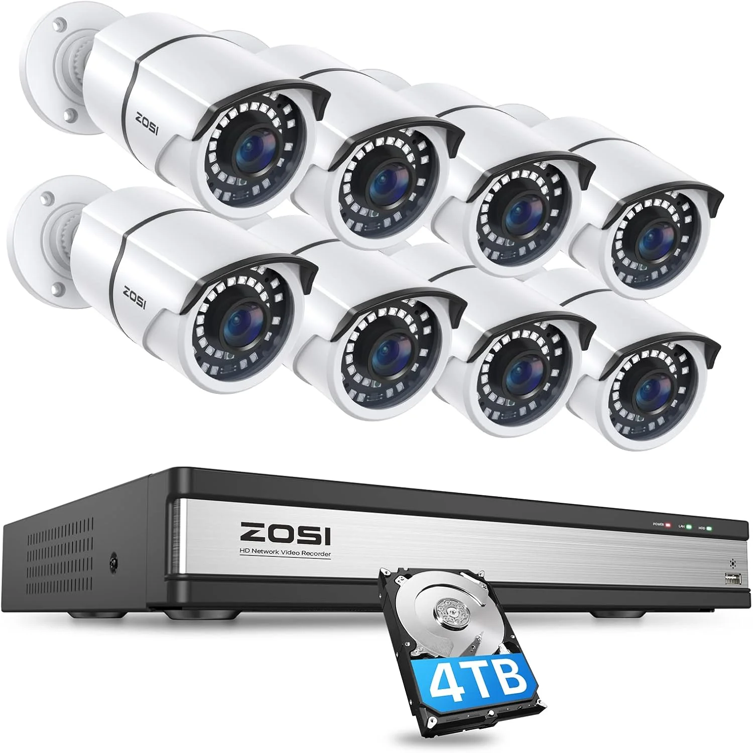 سیستم دوربین مداربسته تحت شبکه 16 کانال 4K زوسی، دستگاه ضبط NVR شانزده کاناله H.265 با کیفیت 4K و هارد دیسک 4 ترابایتی و 8 عدد دوربین تحت شبکه PoE پنج مگاپیکسلی مناسب فضای داخلی و خارجی، دید در شب 36 متری، دسترسی از راه دور برای ضبط 24/7 کسب و کار خانگی