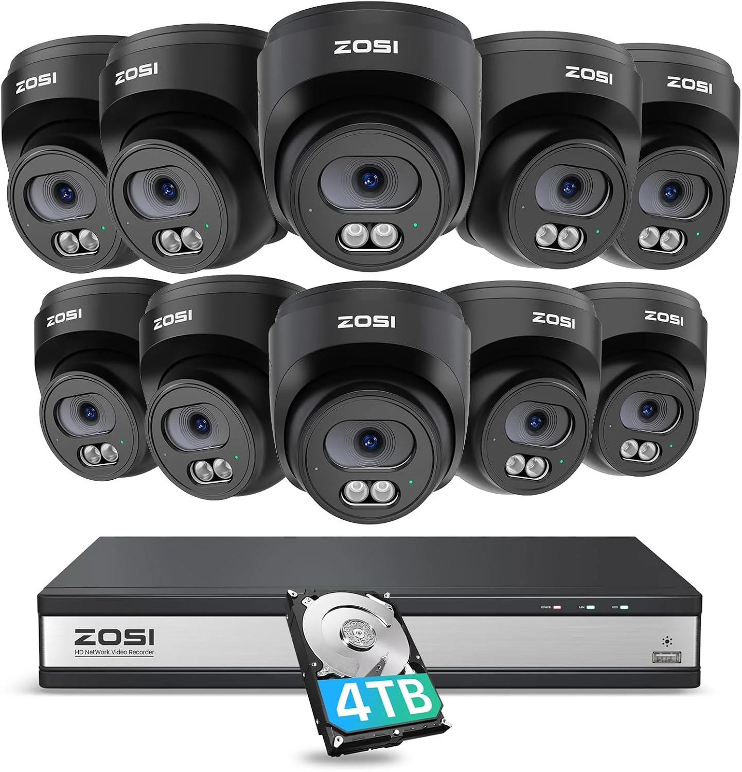 سیستم دوربین مداربسته خانگی تحت شبکه 16 کانال 4K مدل ZOSI C220، دستگاه ضبط NVR با 16 کانال 4K 8MP به همراه هارد دیسک 4 ترابایتی برای ضبط 24 ساعته، 10 عدد دوربین دام تحت شبکه 4MP(1440p) QHD 2.5K مناسب فضای داخلی و خارجی، تشخیص هوشمند انسان با هوش مصنوعی، صدای دو طرفه