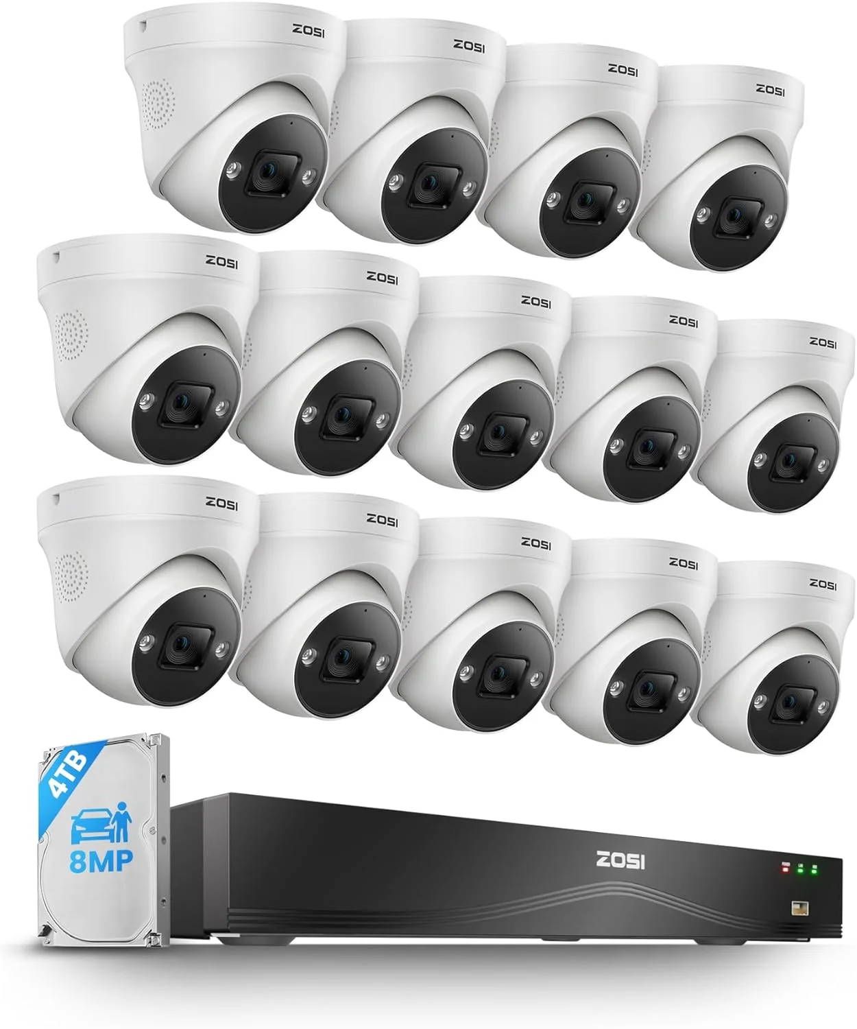 سیستم دوربین مداربسته تحت شبکه 24 کاناله 4K، تشخیص چهره/شخص/خودرو، صدای دو طرفه، دید در شب، 14 عدد دوربین تحت شبکه 4K مناسب فضای داخلی و خارجی، دستگاه ضبط NVR دو دیسکه 16 پورت 24 کاناله 8 مگاپیکسلی با هارد دیسک 4 ترابایتی برای ضبط 24 ساعته