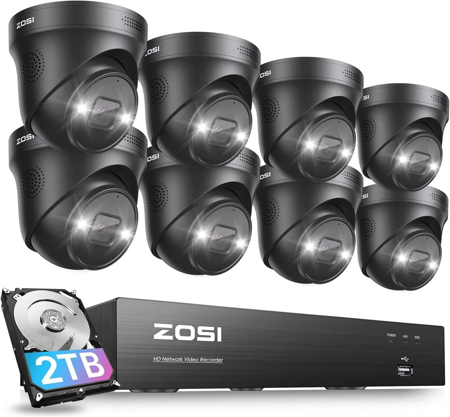 سیستم دوربین مداربسته تحت شبکه 4K با قابلیت تشخیص انسان و وسیله نقلیه، NVR شانزده کاناله 8MP با 8 پورت و هارد دیسک 2 ترابایتی، 8 عدد دوربین تحت شبکه 4K مناسب فضای داخلی و خارجی، دید در شب، آژیر نورافکن، صدای دو طرفه، برای ضبط 24/7