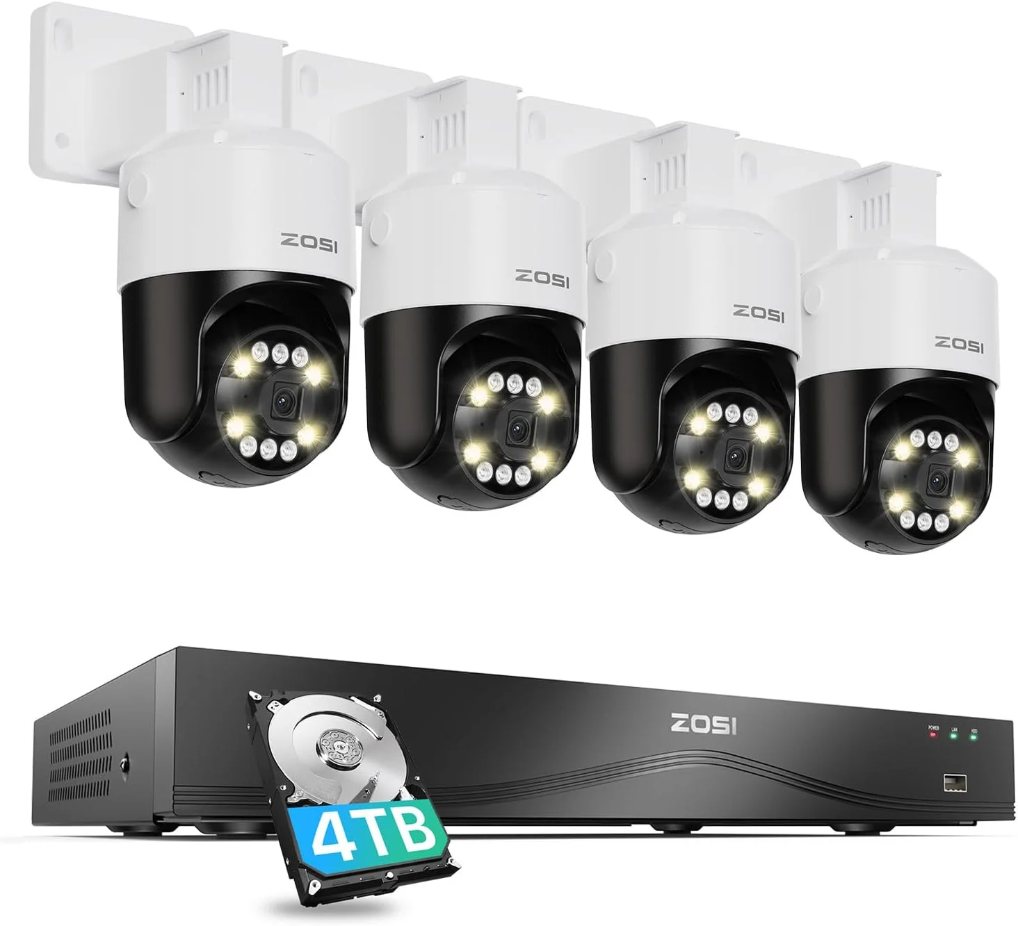 سیستم دوربین مداربسته 4K زوسی 16 کانال با قابلیت تشخیص چهره، شخص و وسیله نقلیه با هوش مصنوعی، 4 عدد دوربین 8 مگاپیکسلی 4K بیرونی PT PoE با قابلیت ردیابی خودکار و نورافکن، صدای دو طرفه، NVR شانزده پورت 32 کانال 8 مگاپیکسلی با هارد دیسک 4 ترابایتی