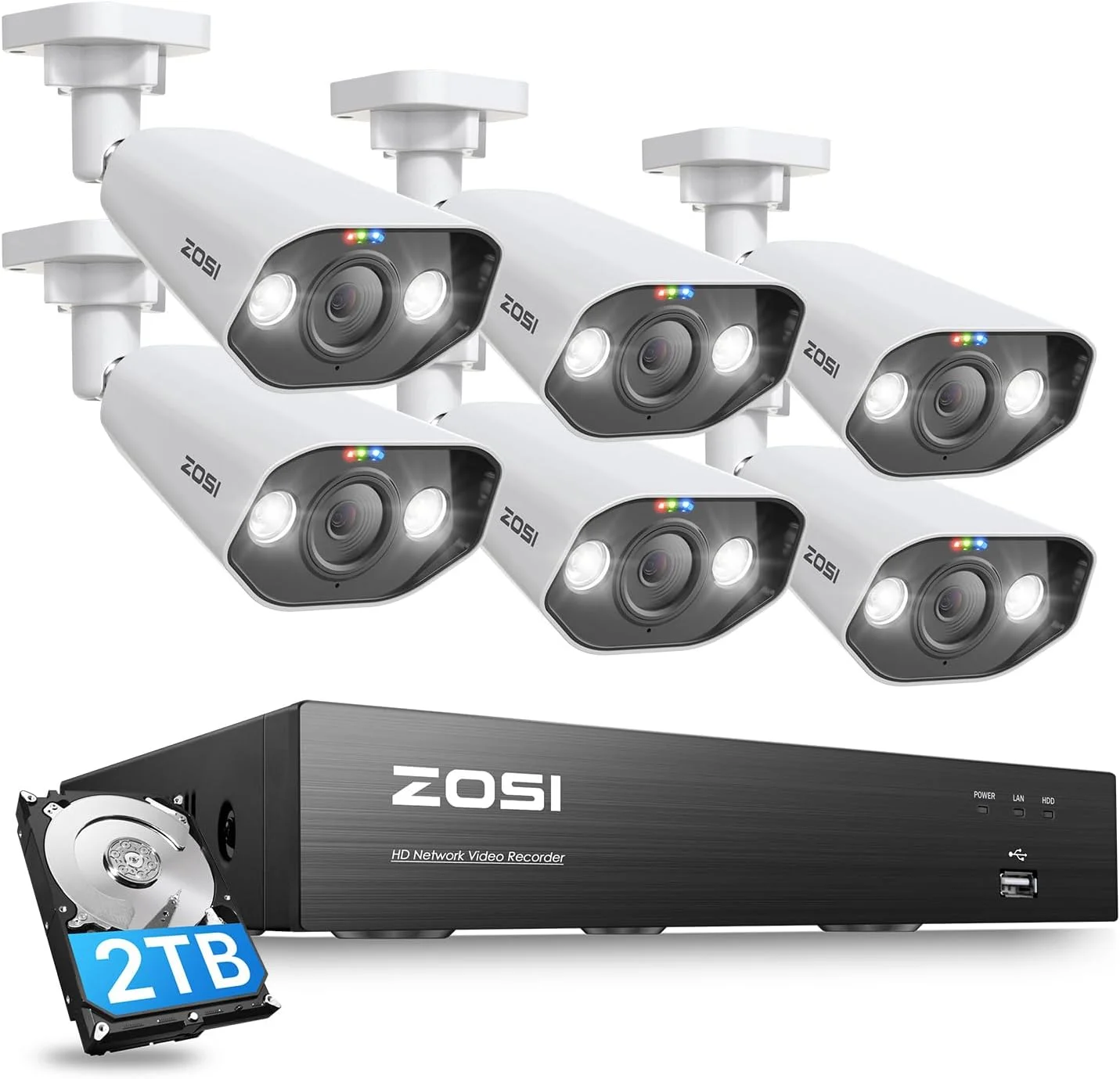 سیستم دوربین مداربسته 4K زوسی، 6 عدد دوربین 4K PoE داخلی/خارجی، NVR شانزده کاناله 8 پورت 8 مگاپیکسلی با هارد دیسک 2 ترابایتی، تشخیص شخص و وسیله نقلیه، صدای دو طرفه، آژیر نورافکن، دید در شب رنگی، برای ضبط 24/7 خانگی