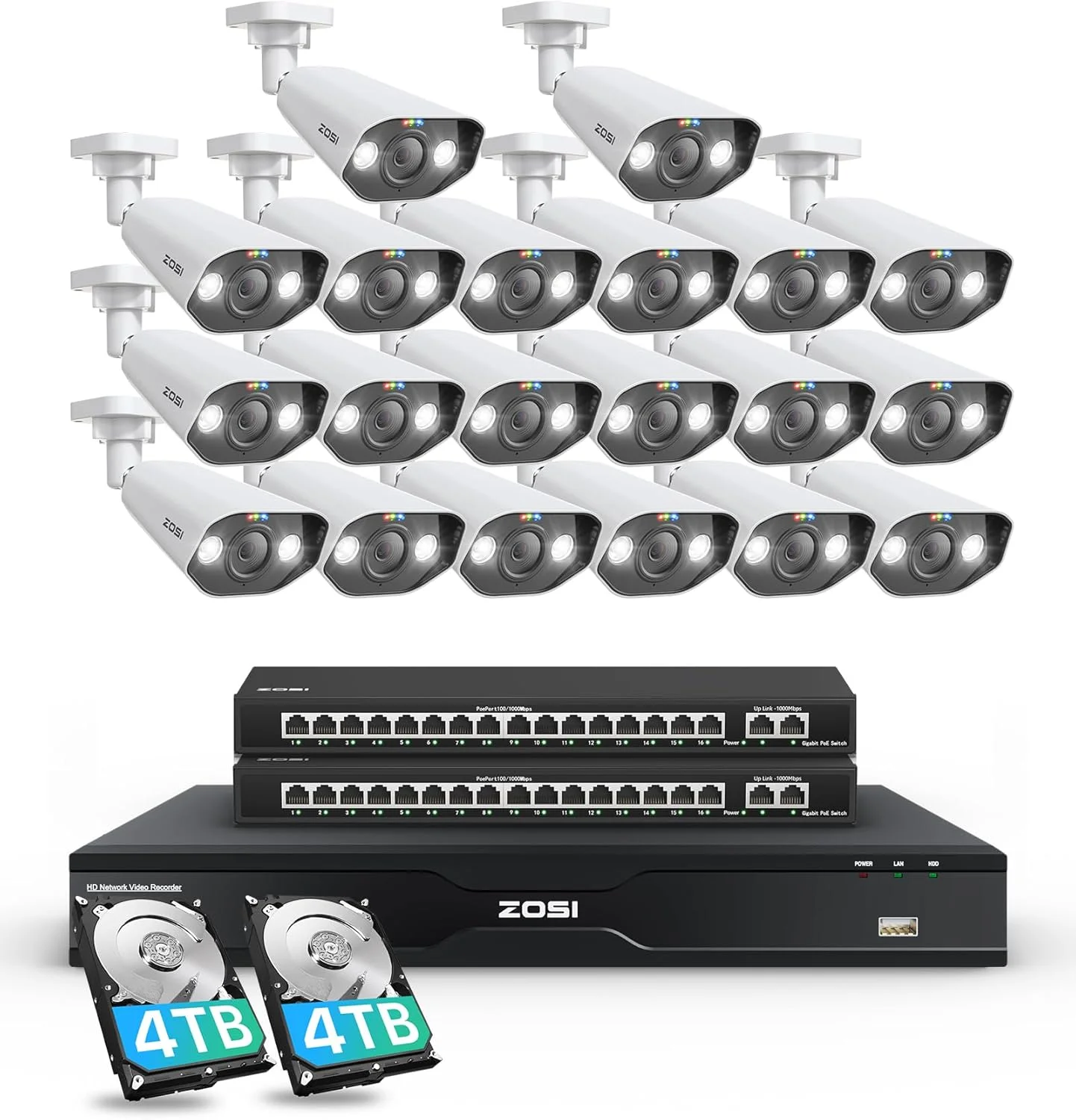 سیستم دوربین مداربسته 32 کاناله 4K زوسی، 20 عدد دوربین PoE تجاری 4K با نورافکن، مناسب فضای داخلی و خارجی، تشخیص چهره، انسان و وسیله نقلیه، صدای دو طرفه، NVR نظارتی 32 کاناله 8 مگاپیکسلی با هارد دیسک 8 ترابایتی برای ضبط 24/7