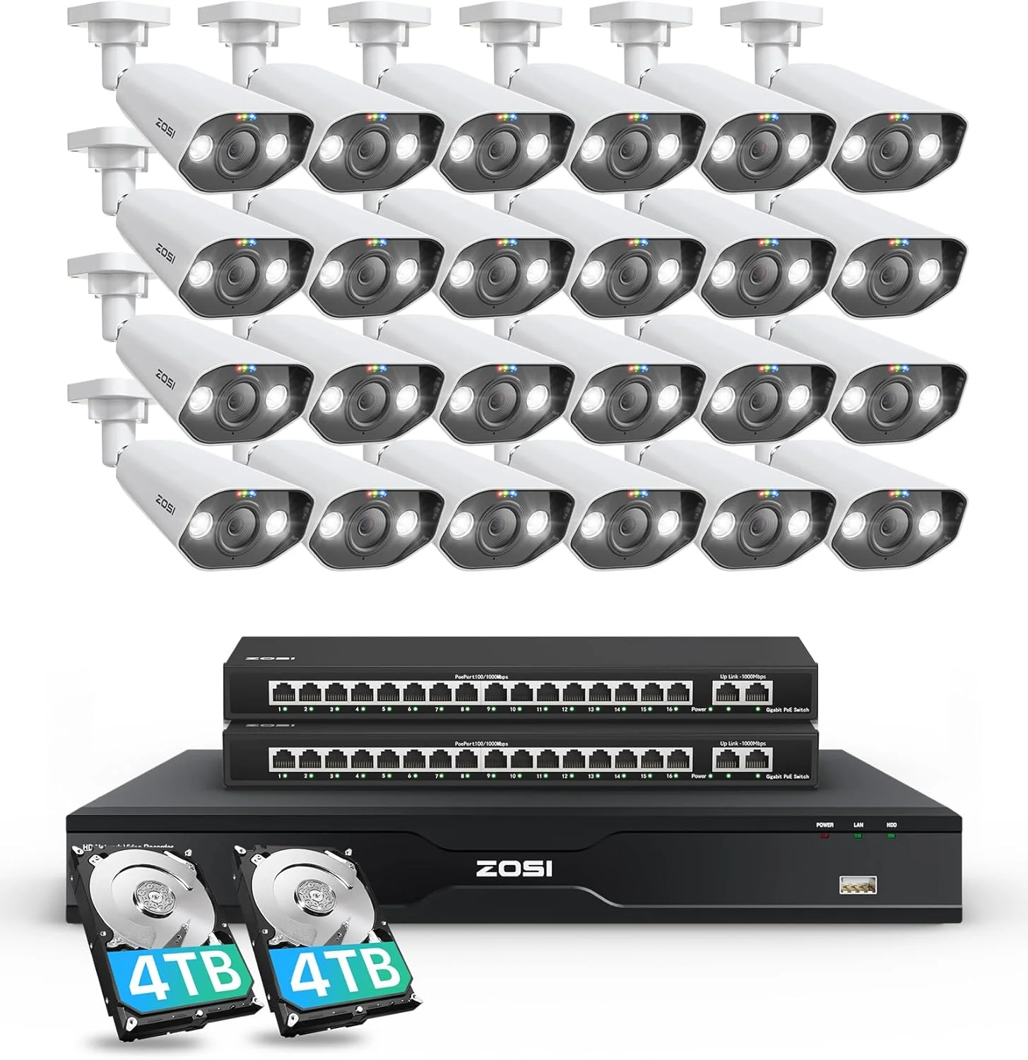 سیستم دوربین مداربسته تحت شبکه 32 کانال 4K زوسی، 24 عدد دوربین 4K با نورافکن مناسب فضای داخلی و خارجی، تشخیص چهره، انسان و وسیله نقلیه، صدای دو طرفه، دستگاه ضبط NVR نظارتی 32 کانال 8 مگاپیکسلی با هارد دیسک 8 ترابایتی برای ضبط 24/7 کسب و کار