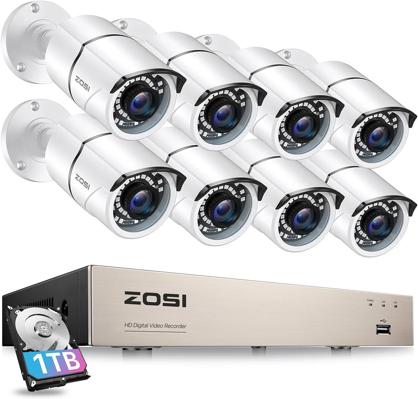 سیستم دوربین مداربسته خانگی ZOSI 5MP Lite با هارد دیسک 1 ترابایتی، DVR هشت کاناله H.265+ CCTV و 8 عدد دوربین مداربسته 1080P مناسب فضای باز و داخلی، دید در شب 120 فوتی، هشدار تشخیص حرکت، دسترسی از راه دور برای ضبط 24 ساعته