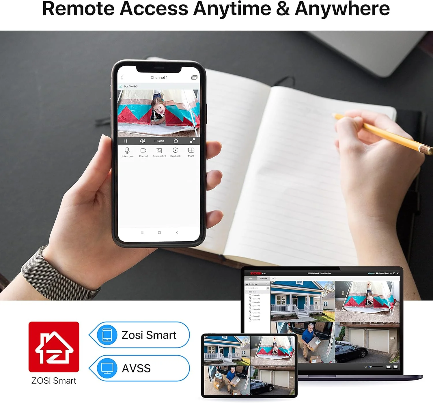 سیستم دوربین مداربسته خانگی ZOSI 5MP Lite با هارد دیسک 1 ترابایتی، DVR هشت کاناله H.265+ CCTV و 8 عدد دوربین مداربسته 1080P مناسب فضای باز و داخلی، دید در شب 120 فوتی، هشدار تشخیص حرکت، دسترسی از راه دور برای ضبط 24 ساعته