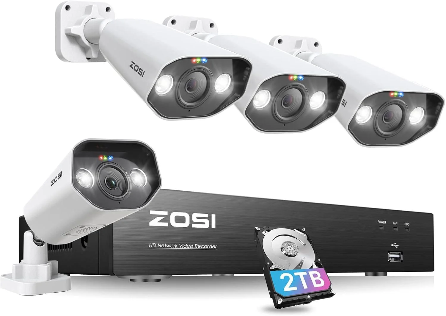 سیستم دوربین مداربسته امنیتی خانگی PoE با نورافکن ZOSI 8 کانال 4K، دستگاه ضبط NVR با 8 پورت 16 کانال 8 مگاپیکسل با هارد دیسک 2 ترابایتی، 4 عدد دوربین IP PoE 5 مگاپیکسلی فضای باز، تشخیص شخص و وسیله نقلیه، صدای دو طرفه، دید در شب، آلارم صدا، برای ضبط 24 ساعته