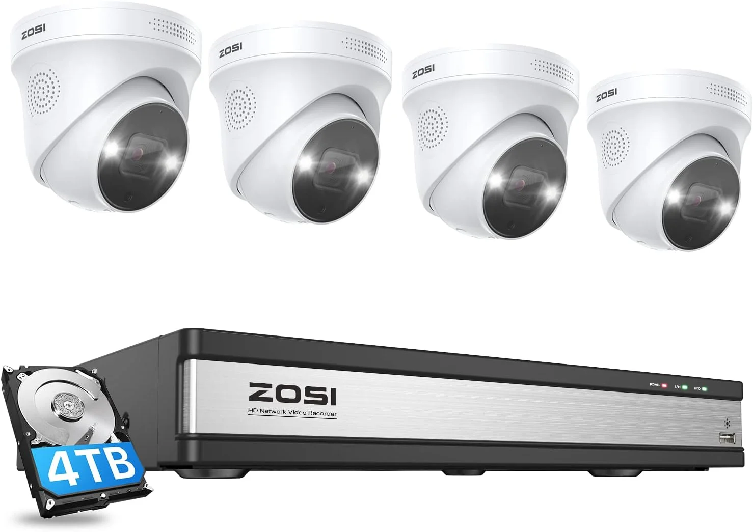 سیستم دوربین مداربسته امنیتی خانگی ZOSI 4K 16CH Spotlight PoE، شامل 4 عدد دوربین IP PoE 4K مناسب فضای باز، صدای دو طرفه، دید در شب رنگی، تشخیص انسان، ضبط کننده NVR 16 کانال 8 مگاپیکسلی با هارد 4 ترابایتی برای ضبط 24/7