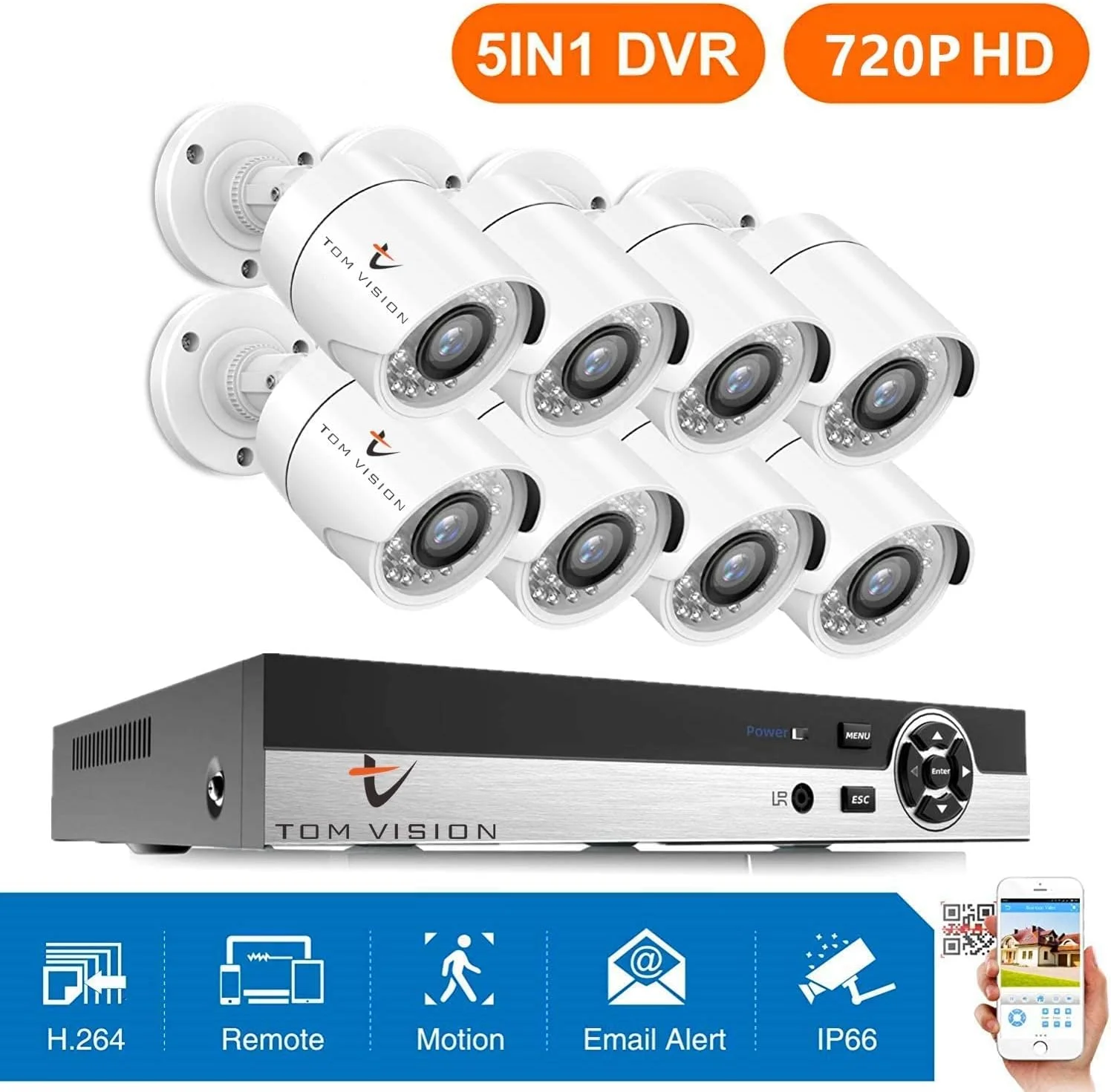 کیت دوربین مداربسته 8 کاناله Tomvision با دید در شب و P2P (8 عدد دوربین فلزی AHD 1.3 مگاپیکسلی/960P مناسب فضای باز + DVR)