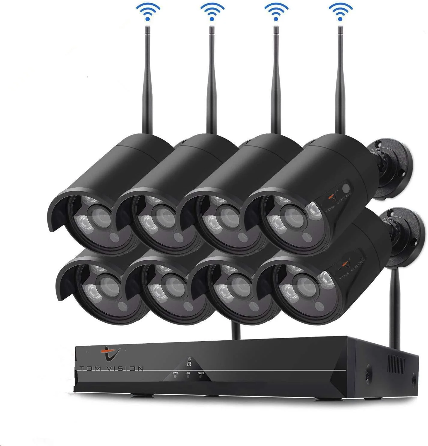 کیت سیستم نظارتی بی سیم 8 کاناله Tomvision با بدنه مشکی، دوربین های امنیتی Full HD 1080P/2.0MP، شامل 8 عدد دوربین WIFI ضد آب IP66 مناسب فضای باز با دید در شب و P2P