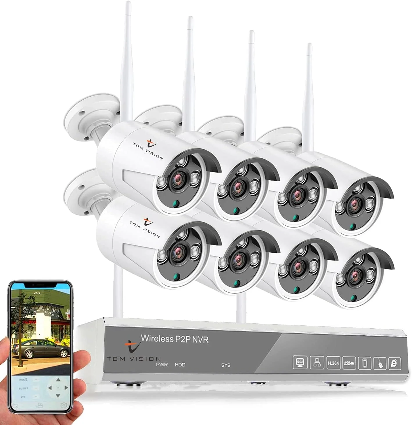 کیت سیستم دوربین مداربسته وایرلس Tomvision 10CH 5MP/2K HD Wifi NVR، شامل NVR وایرلس P2P و 8 عدد دوربین 3 مگاپیکسلی دید در شب مادون قرمز مناسب فضای باز