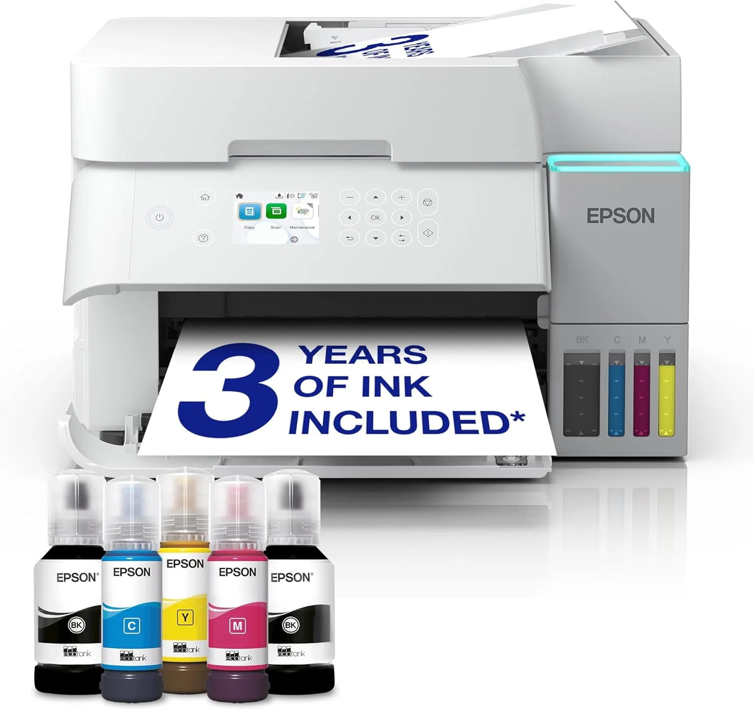 پرینتر چندکاره اپسون EcoTank L6376: رنگ سفید، A4، دارای Wi-Fi و AirPrint، با ADF، چاپ دورو، اسکن و کپی. شامل 5 بطری جوهر با بازدهی بالا!