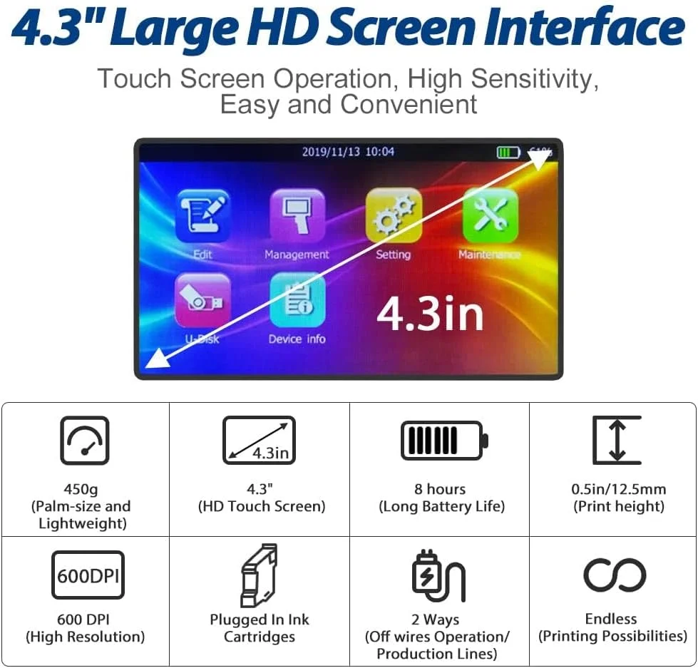 چاپگر جوهرافشان دستی BENTSAI BT-HH6105B2 با صفحه لمسی LED HD برای آرم، بارکد، برچسب، شماره سریال، تاریخ تولید (آبی، 4.3 اینچ)
