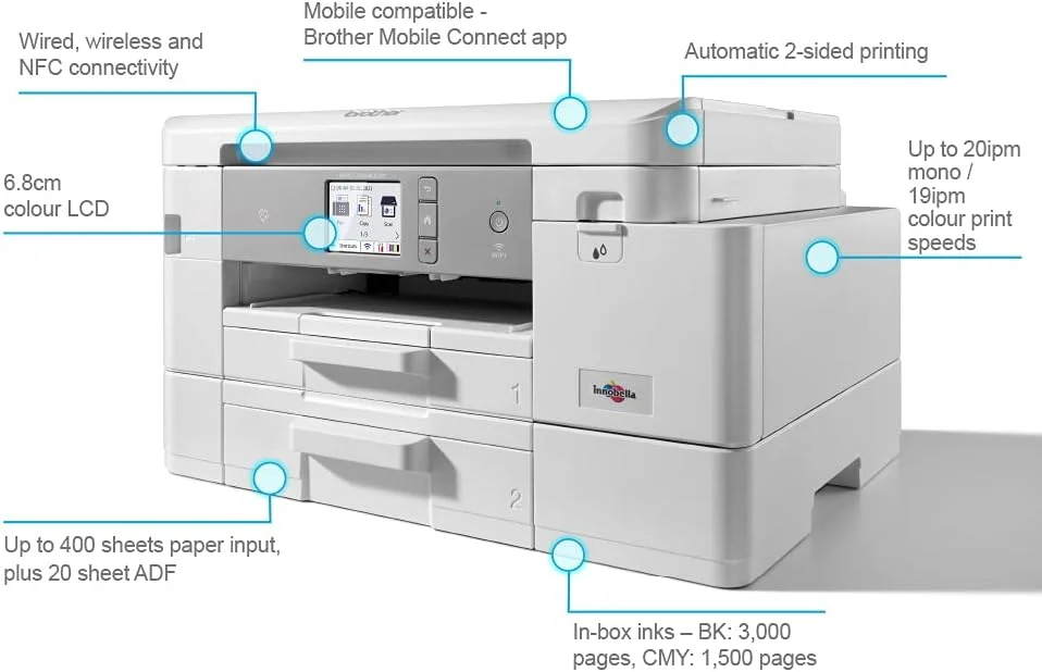 پرینتر جوهرافشان رنگی بی‌سیم Brother MFC-J4540DW XL | 4 در 1 (پرینت/کپی/اسکن/فکس) | ظرفیت بالای کاغذ | A4 | عکس | بسته کامل