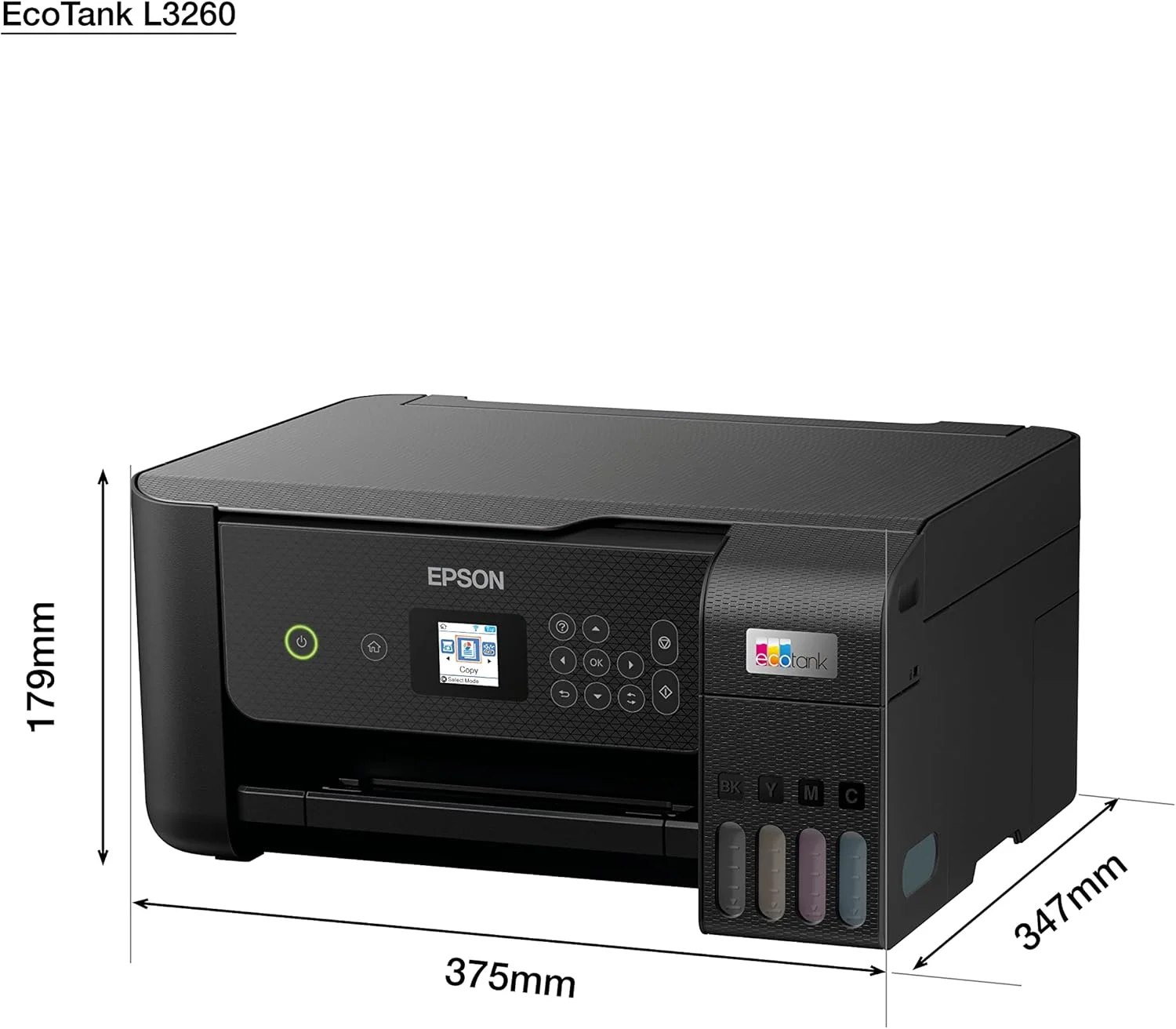 پرینتر مخزن جوهر خانگی اپسون EcoTank L3260 A4، رنگی، 3 در 1 با قابلیت اتصال WiFi و برنامه SmartPanel، مشکی، جمع و جور