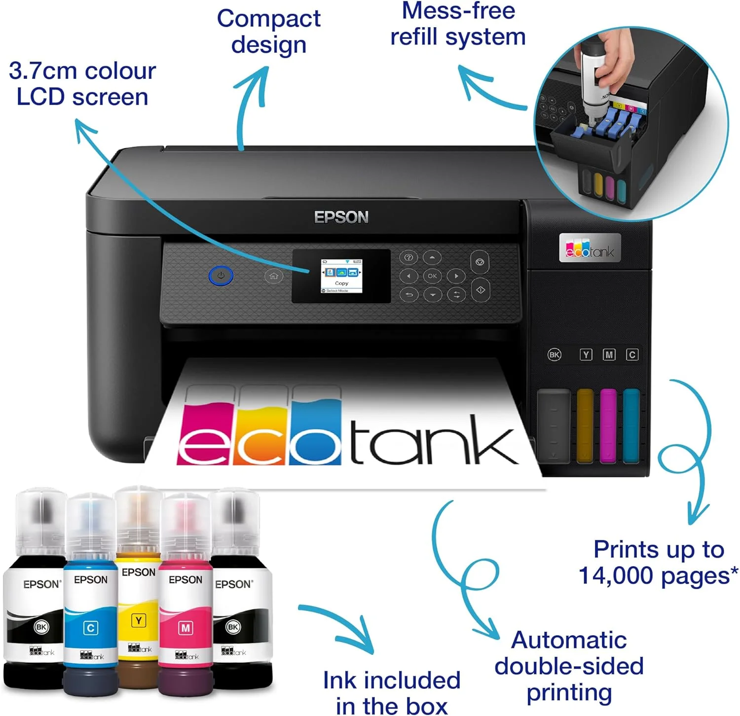 پرینتر چندکاره جوهرافشان اپسون EcoTank ET-2850 A4 با قابلیت Wi-Fi، همراه با جوهر تا 3 سال