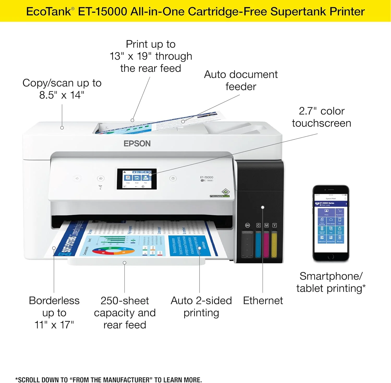 پرینتر چندکاره جوهرافشان رنگی اپسون EcoTank ET-15000 با قابلیت اتصال بی‌سیم، اسکنر، کپی، فکس، اترنت و چاپ تا سایز 13x19 اینچ، سفید