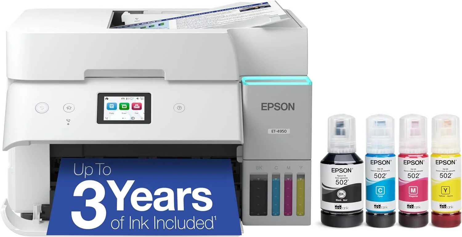 پرینتر جوهرافشان رنگی چندکاره اپسون EcoTank ET-4950 با قابلیت اتصال بی‌سیم، دارای مخزن جوهر با ظرفیت بالا، مناسب برای دفتر کار، سرعت 18 صفحه در دقیقه، صفحه لمسی رنگی 2.4 اینچی، تغذیه خودکار اسناد - سفید