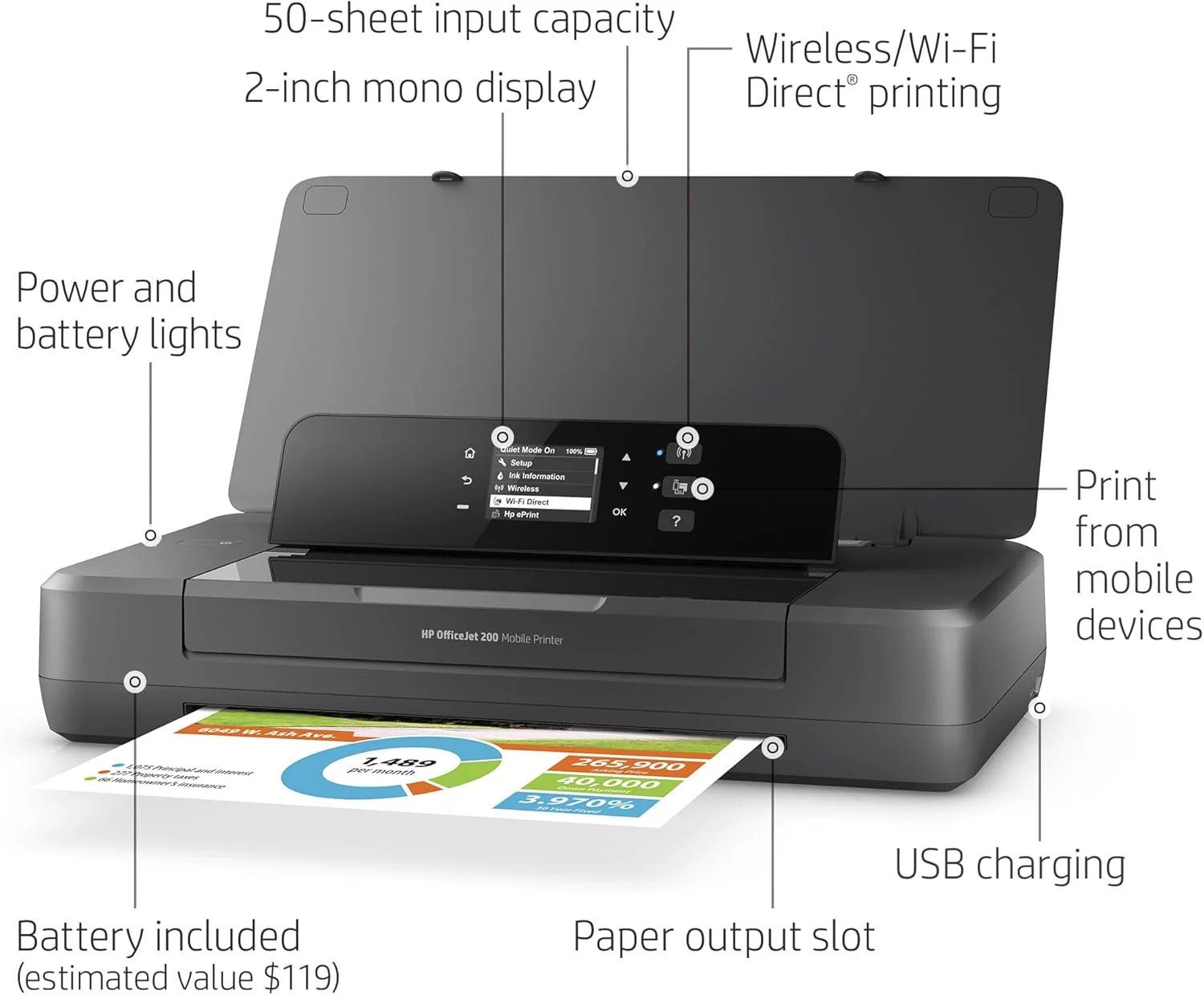 پرینتر قابل حمل بی سیم اچ پی OfficeJet 200 (CZ993A)، خاکستری، 2.7 اینچ