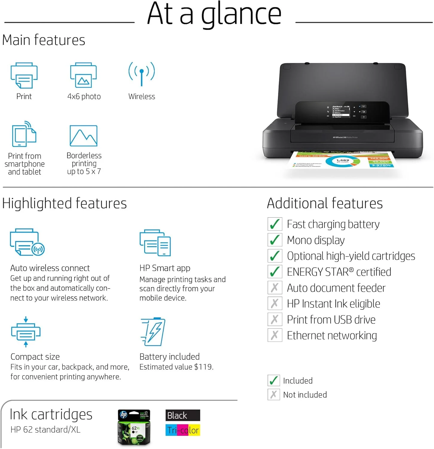 پرینتر قابل حمل بی سیم اچ پی OfficeJet 200 (CZ993A)، خاکستری، 2.7 اینچ