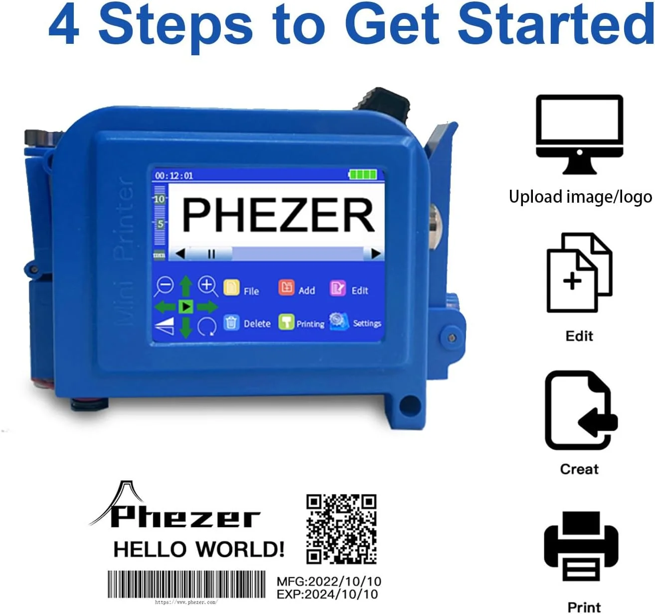 پرینتر جوهرافشان کوچک ارتقا یافته Phezer برای سطوح صاف و منحنی PC11 Plus، ۲۵ زبان و کارتریج جوهر خشک‌شونده سریع، دستگاه مارک‌زنی جیبی قابل حمل برای تاریخ، زمان، بارکد، لوگو، کد QR و شماره بچ