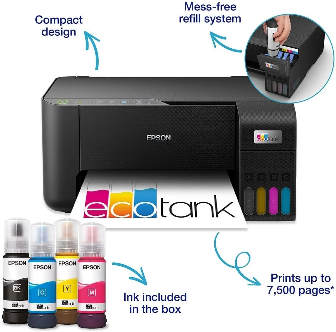 پرینتر مخزن جوهر چندکاره اپسون EcoTank ET-2860 A4 با قابلیت اتصال Wi-Fi، همراه با جوهر تا 3 سال