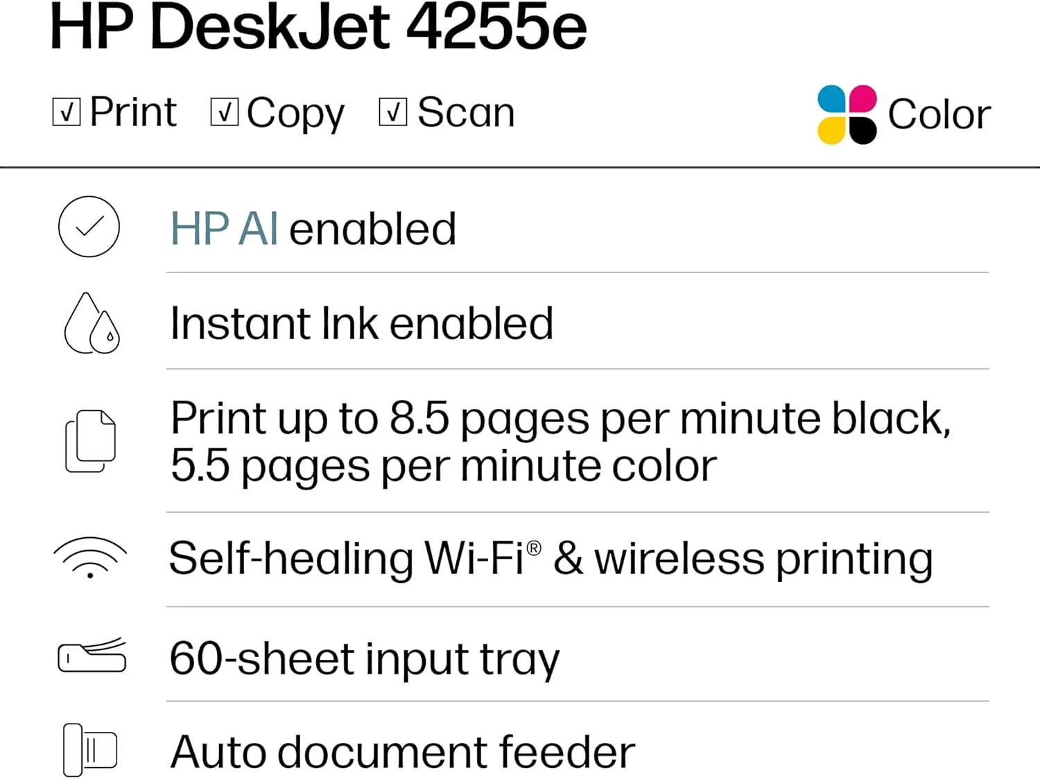 پرینتر جوهرافشان رنگی چندکاره بی‌سیم HP DeskJet 4255e، اسکنر، کپی‌کننده، مناسب برای خانه، شامل 3 ماه جوهر