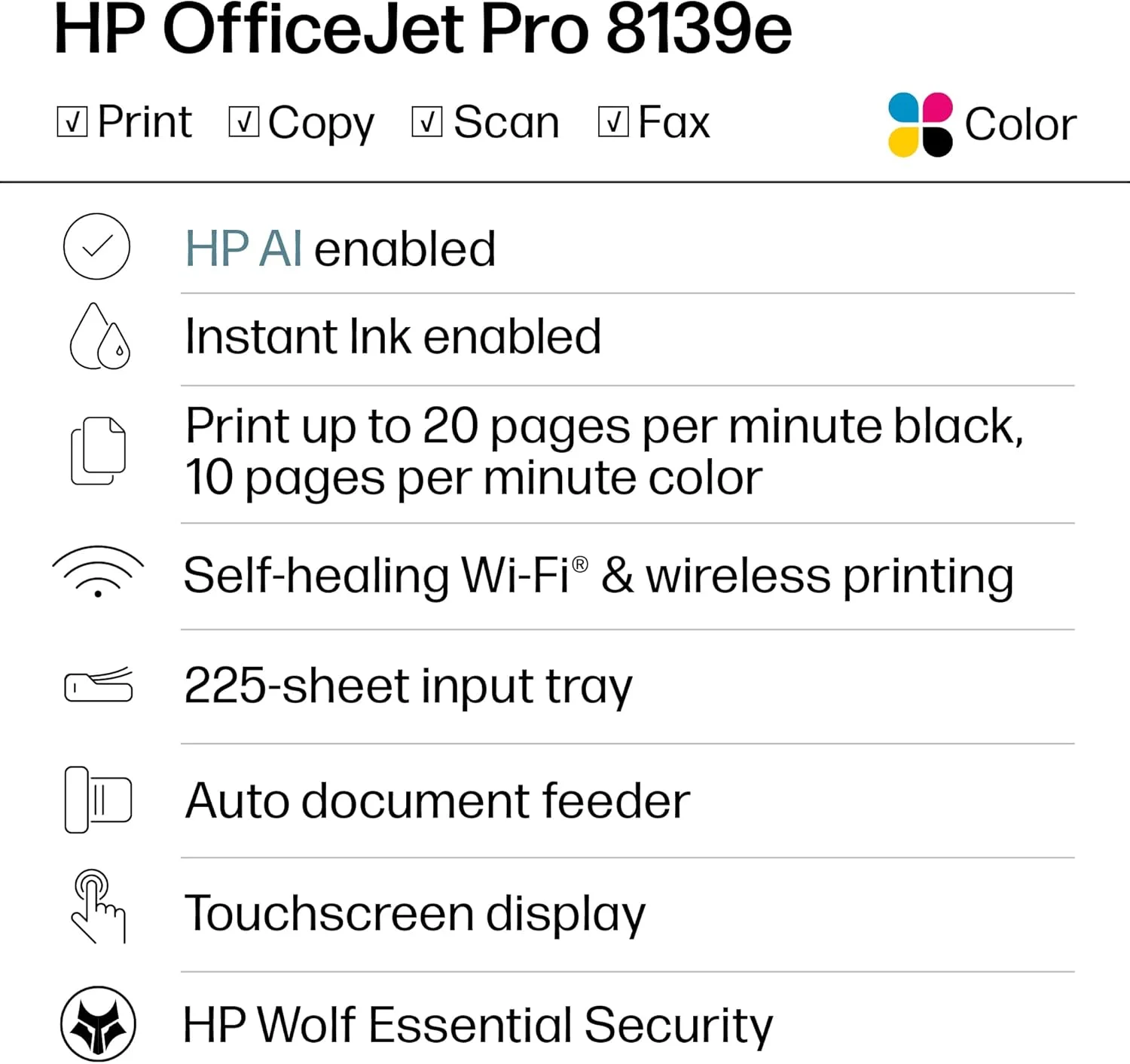 پرینتر جوهرافشان رنگی چندکاره بی سیم HP OfficeJet Pro 8139e، چاپ، اسکن، کپی، فکس، ADF، چاپ دورو، مناسب برای دفتر کار خانگی، شامل 1 سال جوهر فوری (40Q51A)