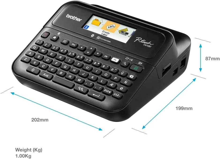 چاپگر لیبل رومیزی چند منظوره Brother PT-D610BT | لیبل زن رومیزی P-Touch | صفحه کلید QWERTY | لیبل های بسیار بادوام تا عرض 24 میلی متر، دوشاخه UK