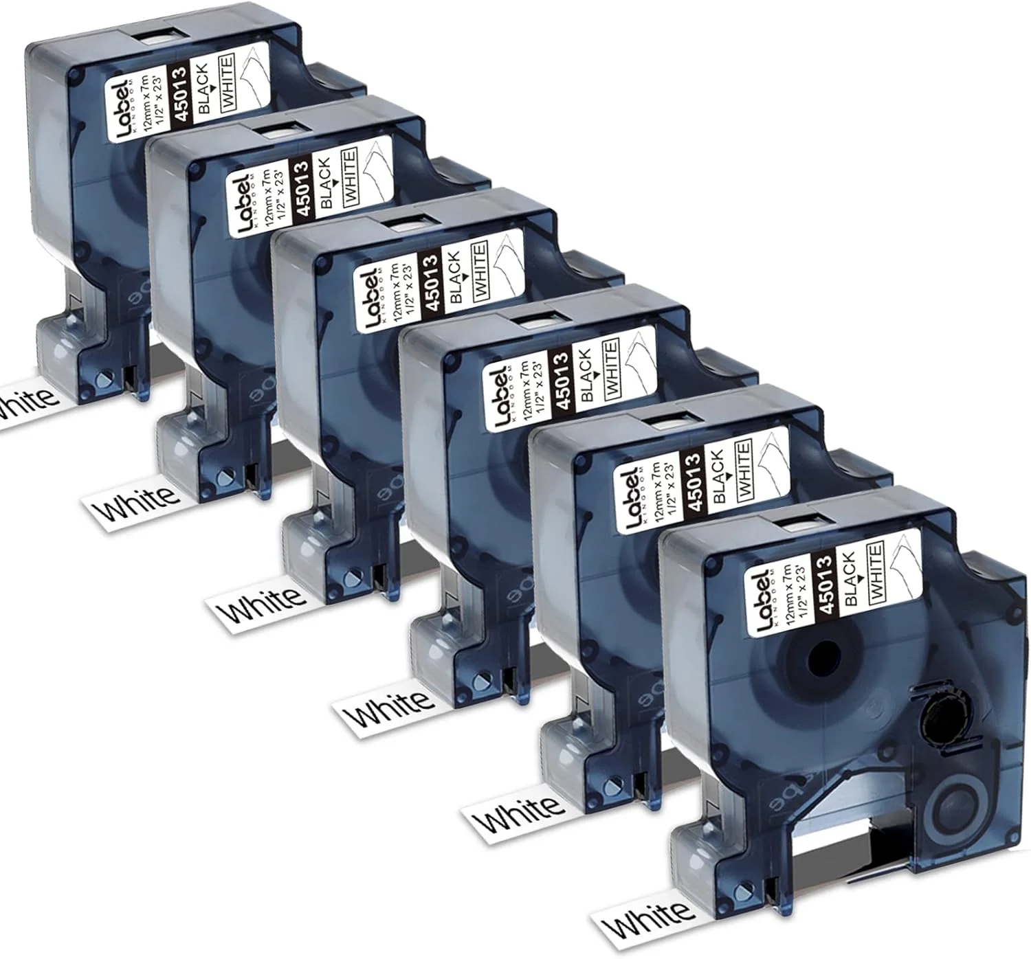 بسته 6 عددی لیبل KINGDOM 45013 سازگار با نوار پرینتر لیبل 12 میلی متری برای دستگاه های ‎Dymo Label Manager 160، نوار لیبل 1/2 اینچ در 23 فوت، مشکی روی سفید برای دستگاه لیبل ساز LabelManager lm160 420P 210D 280 360D