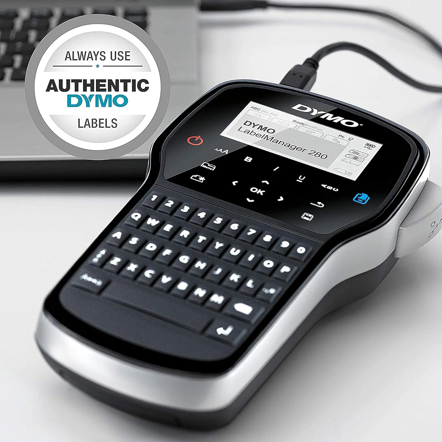 دستگاه چاپ لیبل دایمو LabelManager 280 | پرینتر لیبل دستی قابل شارژ با صفحه کلید QWERTY | شامل نوار لیبل D1 سیاه و سفید (12 میلی متر) | برای خانه و دفتر