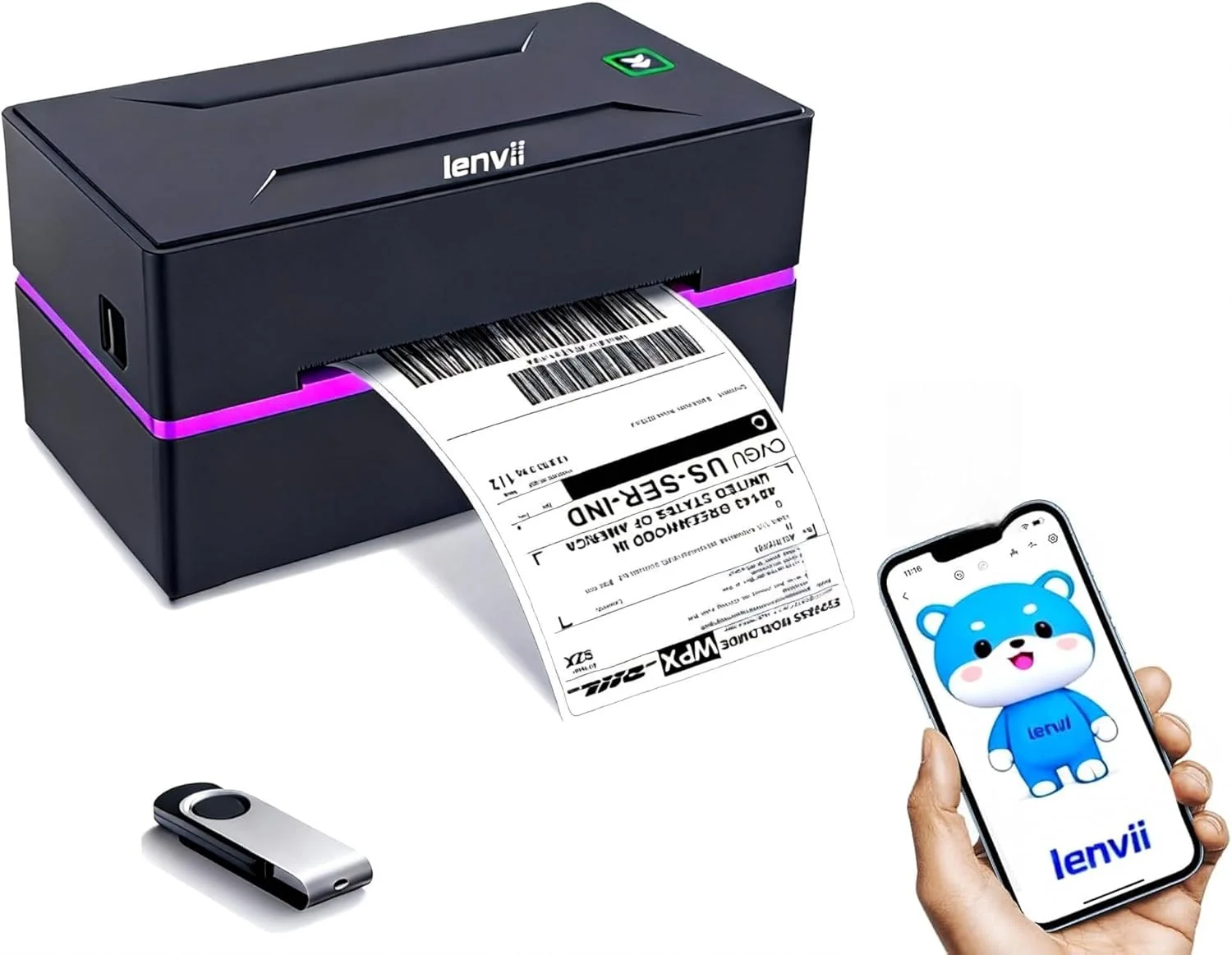 چاپگر حرارتی برچسب 4 اینچی LENVII با اتصال بلوتوث 丨 برای برچسب های حمل و نقل / انبار / لجستیک / تجارت الکترونیک / حمل و نقل دریایی 丨 وضوح بالا 丨 سازگار با Etsy، Shopify، eBay (به جز نگهدارنده ها)