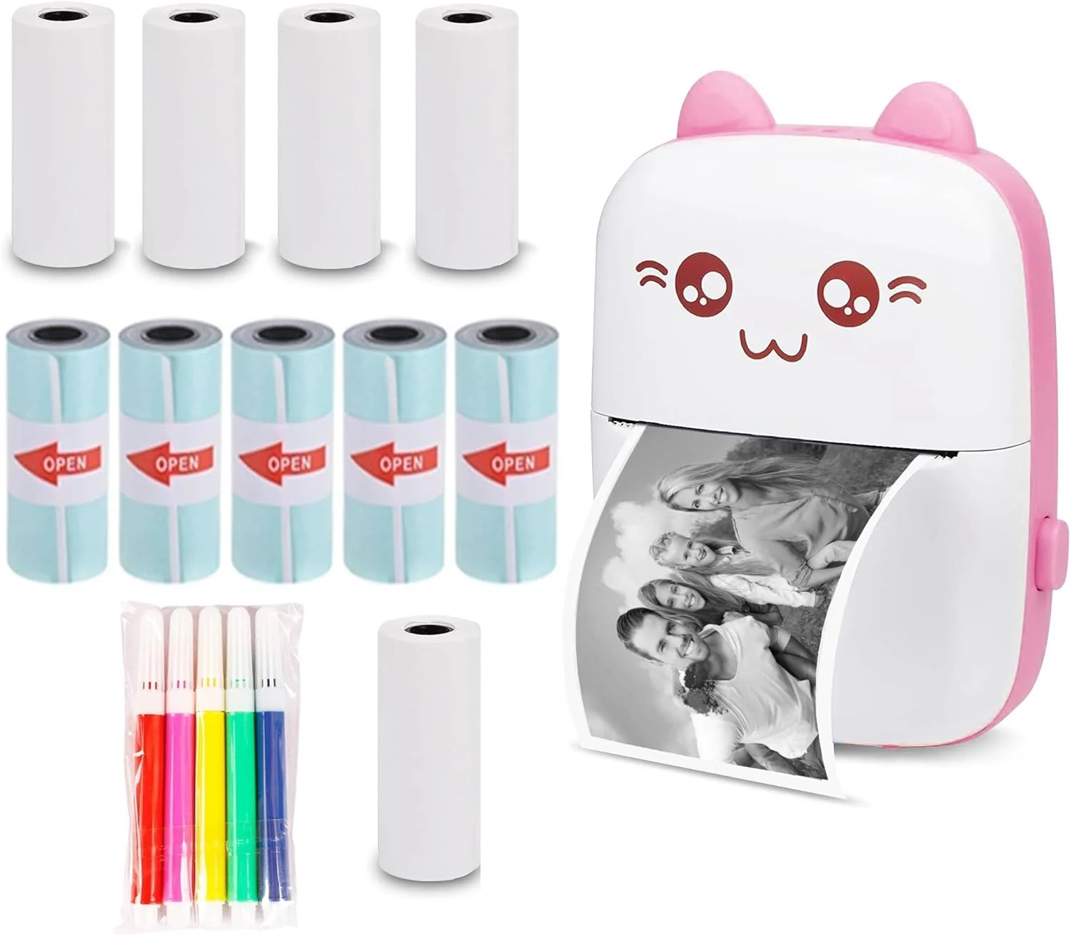 چاپگر حرارتی برچسب با قابلیت شارژ USB، چاپگر عکس بی سیم بلوتوث قابل حمل سازگار با اندروید یا iOS به همراه 1 رول کاغذ حرارتی (صورتی)