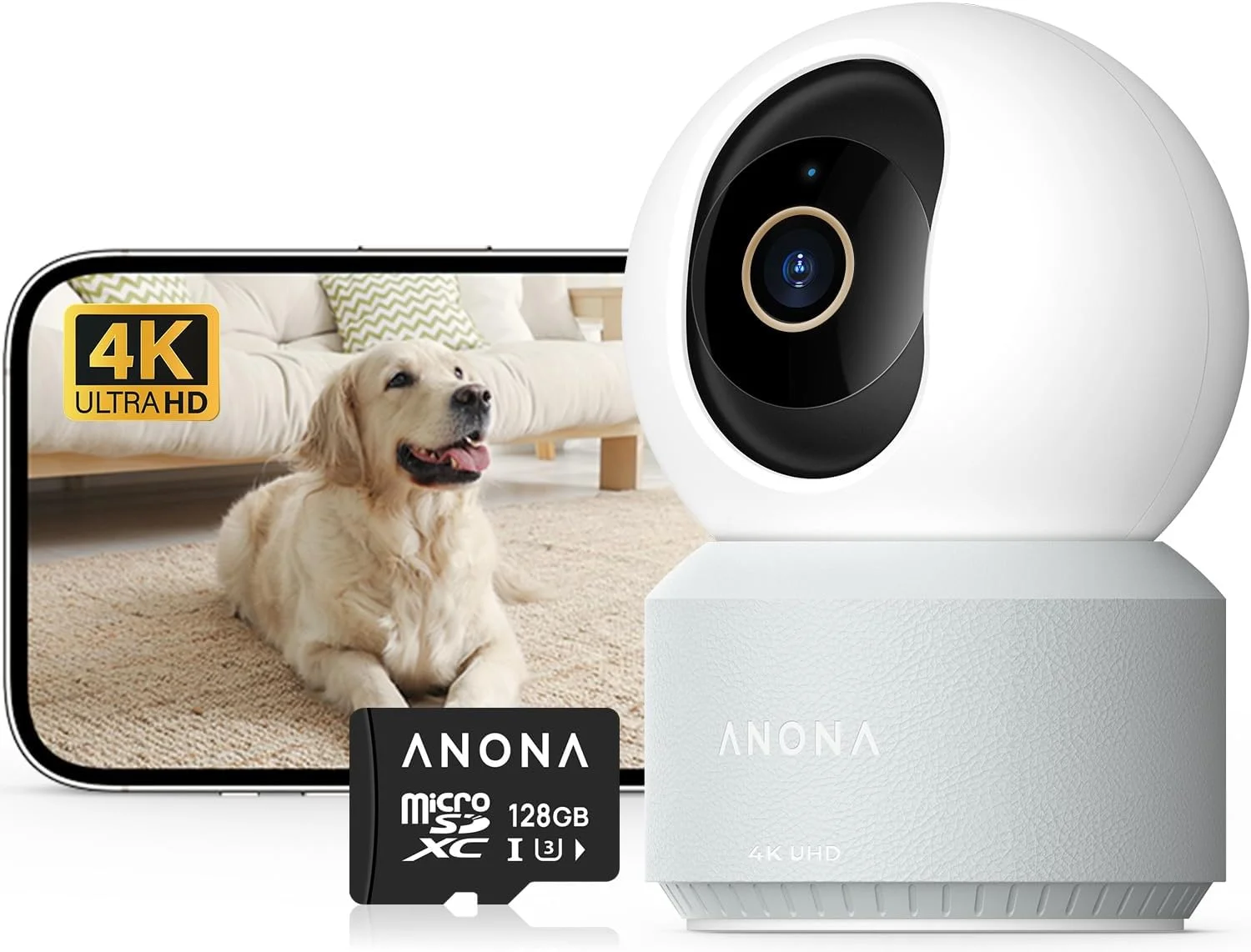دوربین داخلی 4K UHD آنونا با کارت حافظه 128 گیگابایتی، دوربین امنیتی حیوانات خانگی/سگ/کودک با اپلیکیشن تلفن همراه، چرخش 360 درجه، وای فای 6 دو بانده 2.4G/5G، ردیابی خودکار، تشخیص گریه شخص/حیوان خانگی/کودک، حالت حریم خصوصی، صدای دو طرفه
