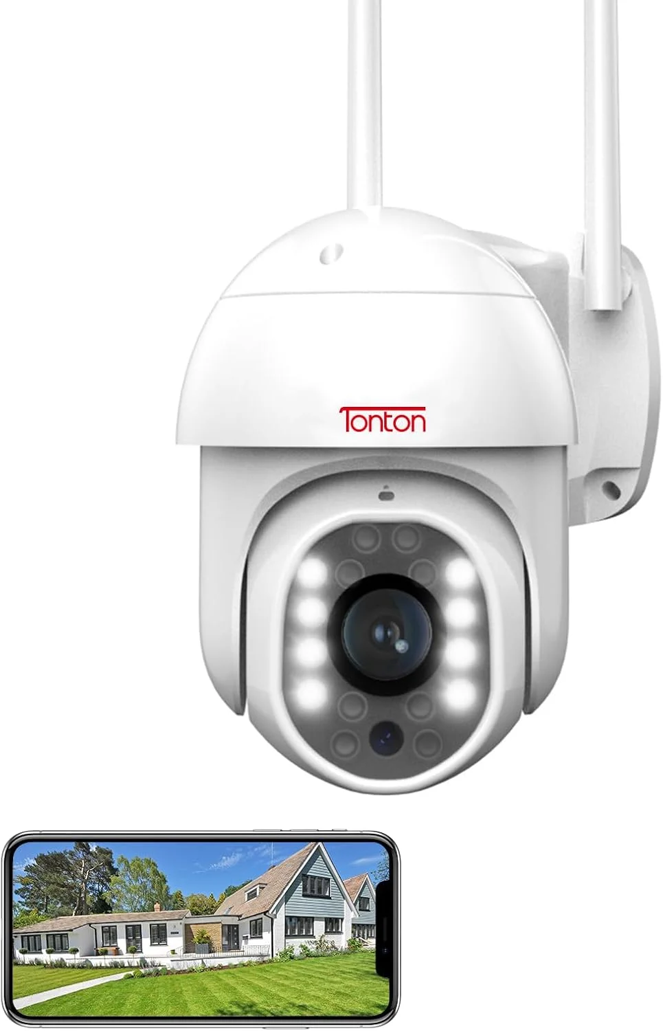 دوربین مداربسته تحت شبکه وای فای PTZ دام فضای باز Tonton 1080P، چرخش 350 درجه/100 درجه، دید در شب تمام رنگی 30 متری، ردیابی خودکار افراد با هوش مصنوعی