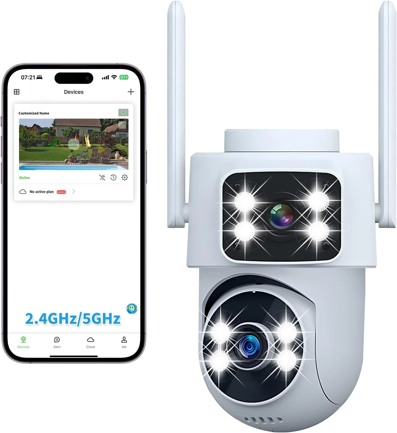 دوربین هوشمند دو لنز داخلی-خارجی، 2K-3MP HD - وای فای 5G، ردیابی حرکت هوش مصنوعی 360 درجه IP65 ضد آب و هوا، دید در شب رنگی، ضبط 24/7، صدای دو طرفه، دوربین پرستار/حیوان خانگی/کودک (سفید)