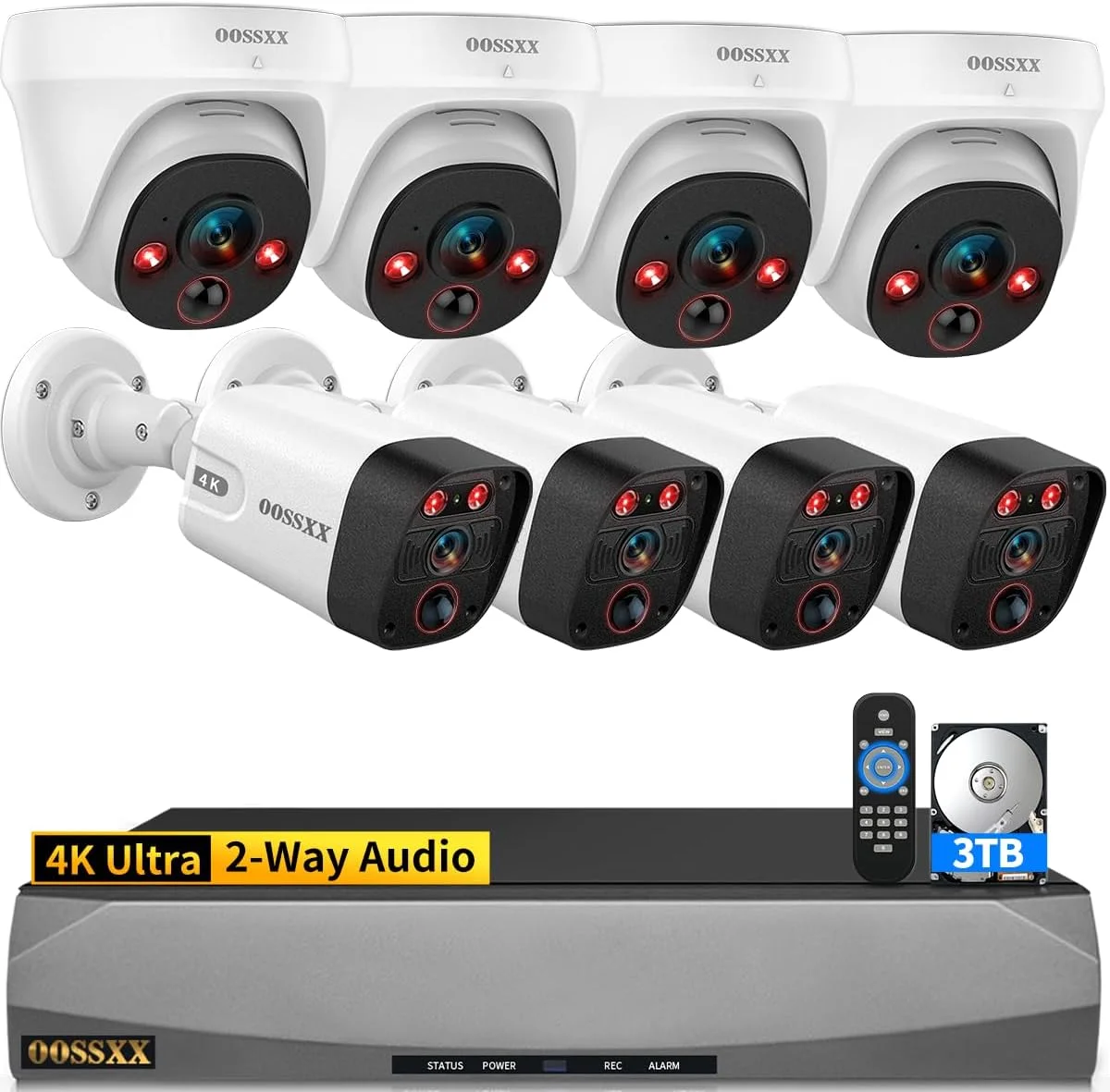 دوربین های تحت شبکه دام PoE با سیم 8 مگاپیکسلی (4K HD و زاویه دید فوق عریض 130 درجه) با صدای دو طرفه برای سیستم دوربین امنیتی منزل، 4 عدد دوربین دام / 4 عدد دوربین بولت، تشخیص هوشمند PIR