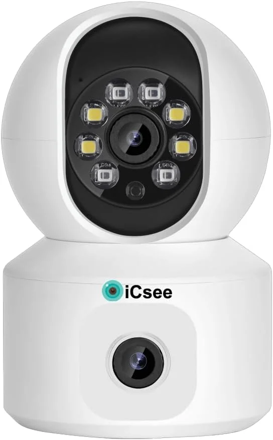 دوربین داخلی وای فای ICsee با 2 لنز و 2 صفحه نمایش، 4 مگاپیکسل Ultra HD 1080P دو لنز، PTZ 360 درجه، هوشمند HD با دید در شب 50 متری، تشخیص حرکت، نظارت بر کودک، صدای دو طرفه، ذخیره سازی ابری و کارت TF.