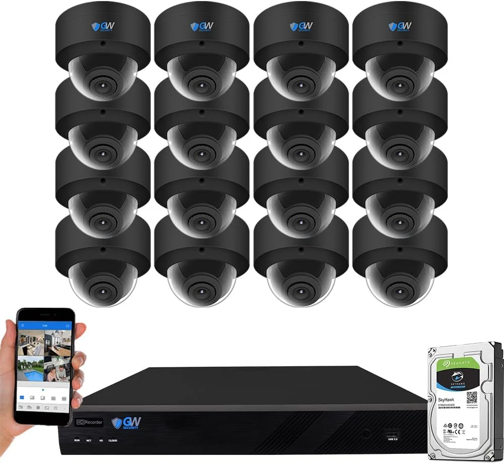 دستگاه ضبط تصاویر 16 کاناله 12 مگاپیکسلی UltraHD 4K با هوش مصنوعی تشخیص انسان/خودرو و سیستم دوربین مداربسته PoE به همراه 16 دوربین 8 مگاپیکسلی ضدآب با میکروفون و زاویه دید 135 درجه مناسب فضای داخلی و خارجی (مشکی)