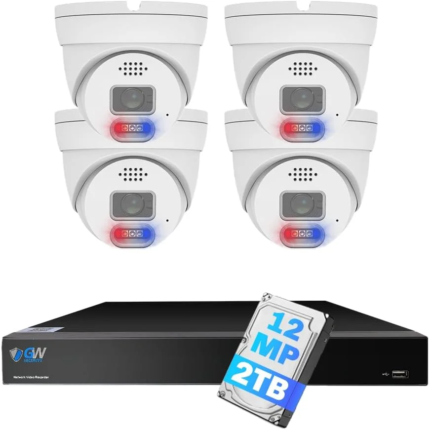 دستگاه ضبط تصاویر ۸ کاناله GW Security UltraHD 12MP (4096x3072) با قابلیت تشخیص چهره/انسان/خودرو/پلاک، سیستم دوربین مداربسته PoE به همراه ۴ عدد دوربین دام 6K 12MP دید در شب رنگی ضد آب با صدای دو طرفه