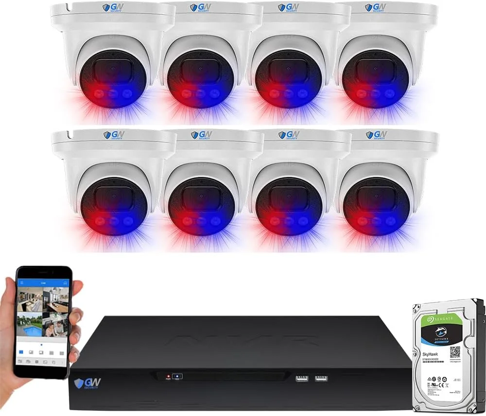 سیستم دوربین مداربسته تحت شبکه 16 کانال GW Security UltraHD 12MP (4512x2512) با قابلیت تشخیص چهره/انسان/خودرو PoE به همراه 8 دوربین دام 6K 12MP دید در شب رنگی ضد آب با صدای دو طرفه