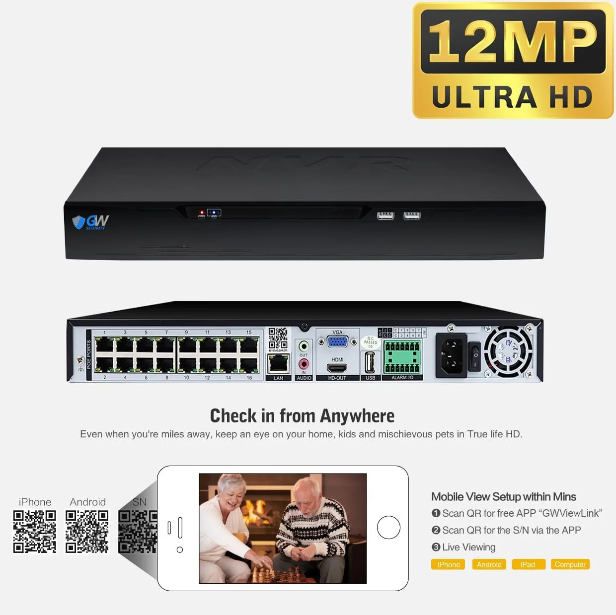 سیستم دوربین مداربسته تحت شبکه 16 کانال GW Security UltraHD 12MP (4512x2512) با قابلیت تشخیص چهره/انسان/خودرو PoE به همراه 8 دوربین دام 6K 12MP دید در شب رنگی ضد آب با صدای دو طرفه