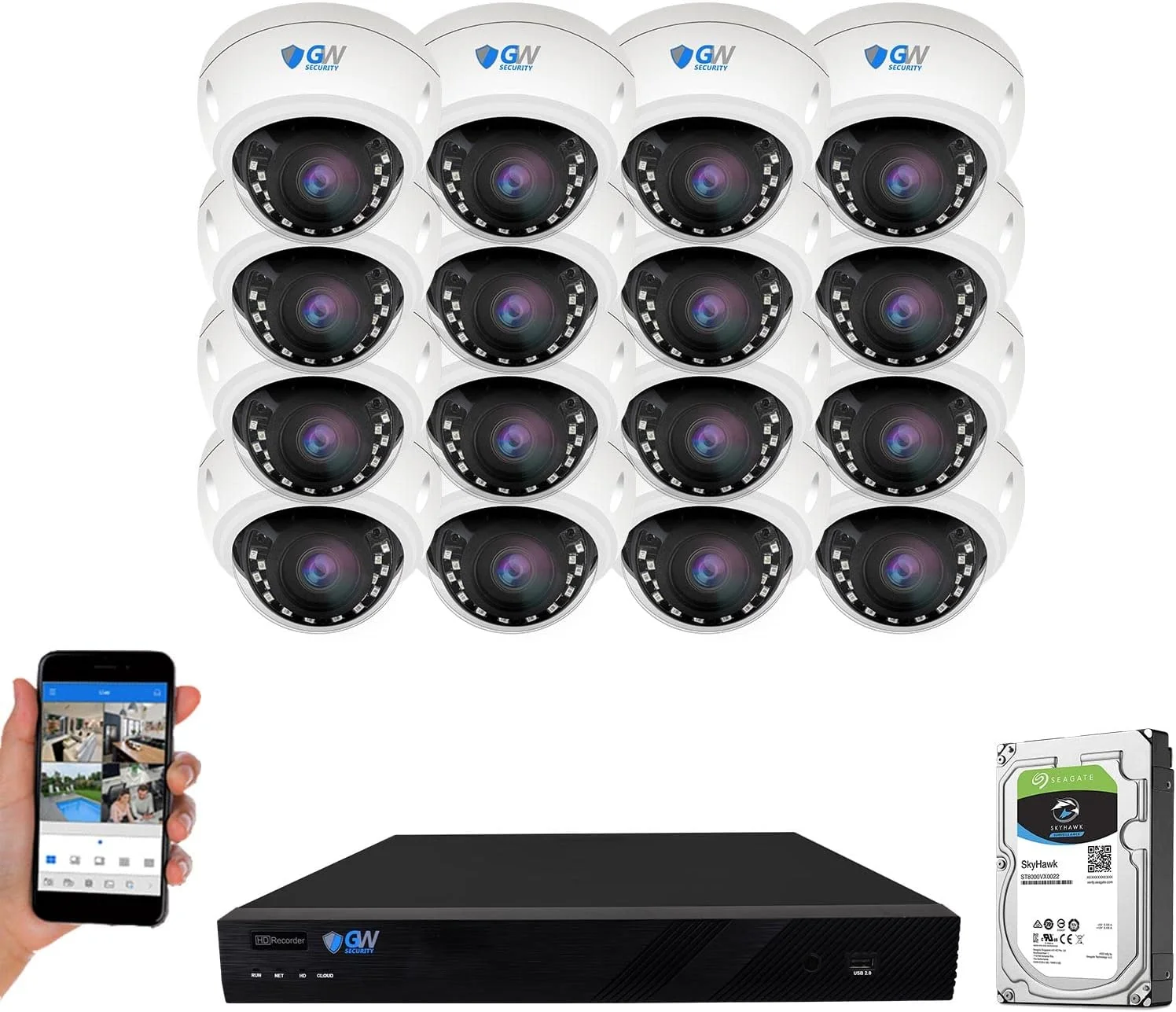 سیستم امنیتی NVR هوشمند خانگی GW Security با 16 کانال 8 مگاپیکسل UltraHD 4K (3840x2160) صدا و تصویر با زوم موتورایز - 16 عدد دوربین دام 8 مگاپیکسلی 2.8-8 میلی متری با زوم اپتیکال 3X ضد آب و میکروفون IP PoE